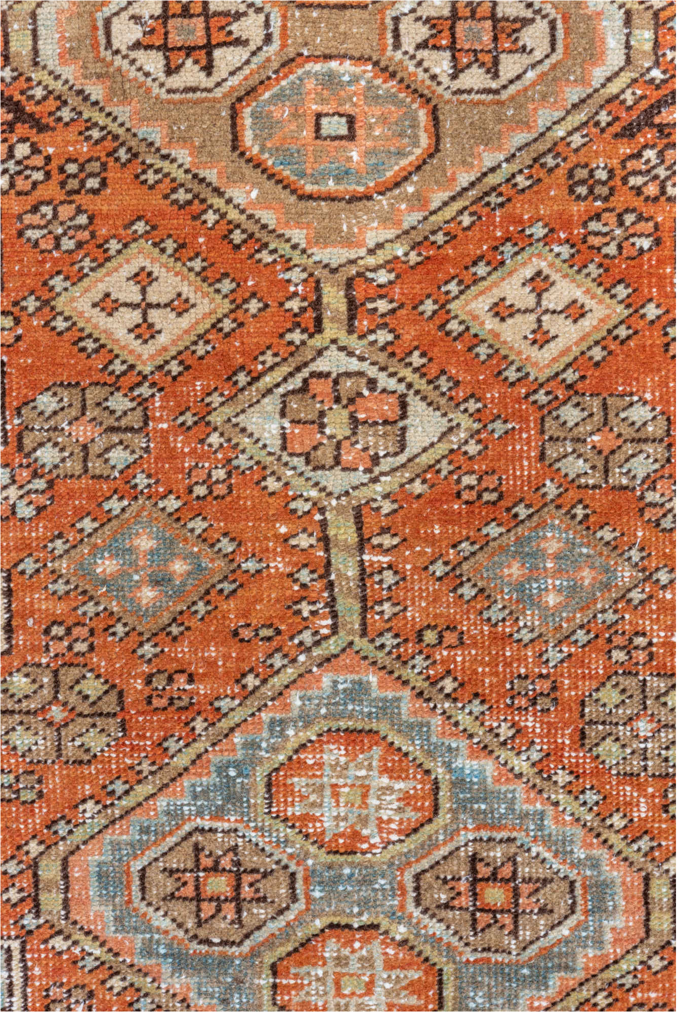 2' x 10' one-of-a-kind handmade vintage Heriz runner rug. Color palette: brown, dark gray, gray, light gray, off-white, pink