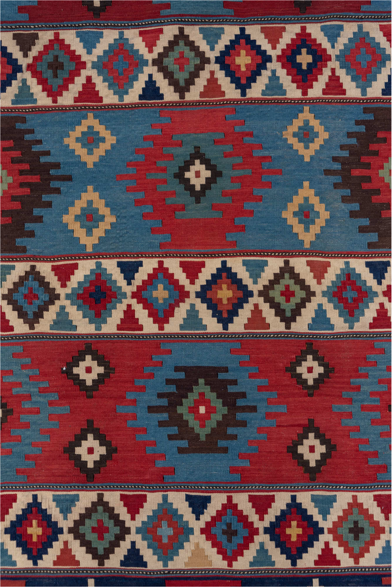 3' x 6' one-of-a-kind handmade vintage Shirvan runner rug. Color palette: arapawa, blue, brown, fiord, gray, pink, red