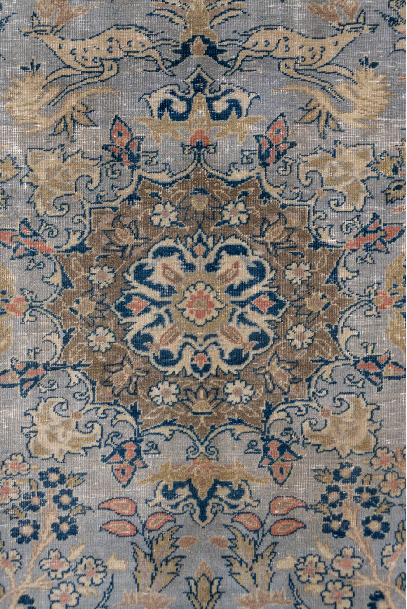 7' x 10' one-of-a-kind handmade vintage Tabriz large size rug. Color palette: black, blue, brown, charcoal, dark gray, gray