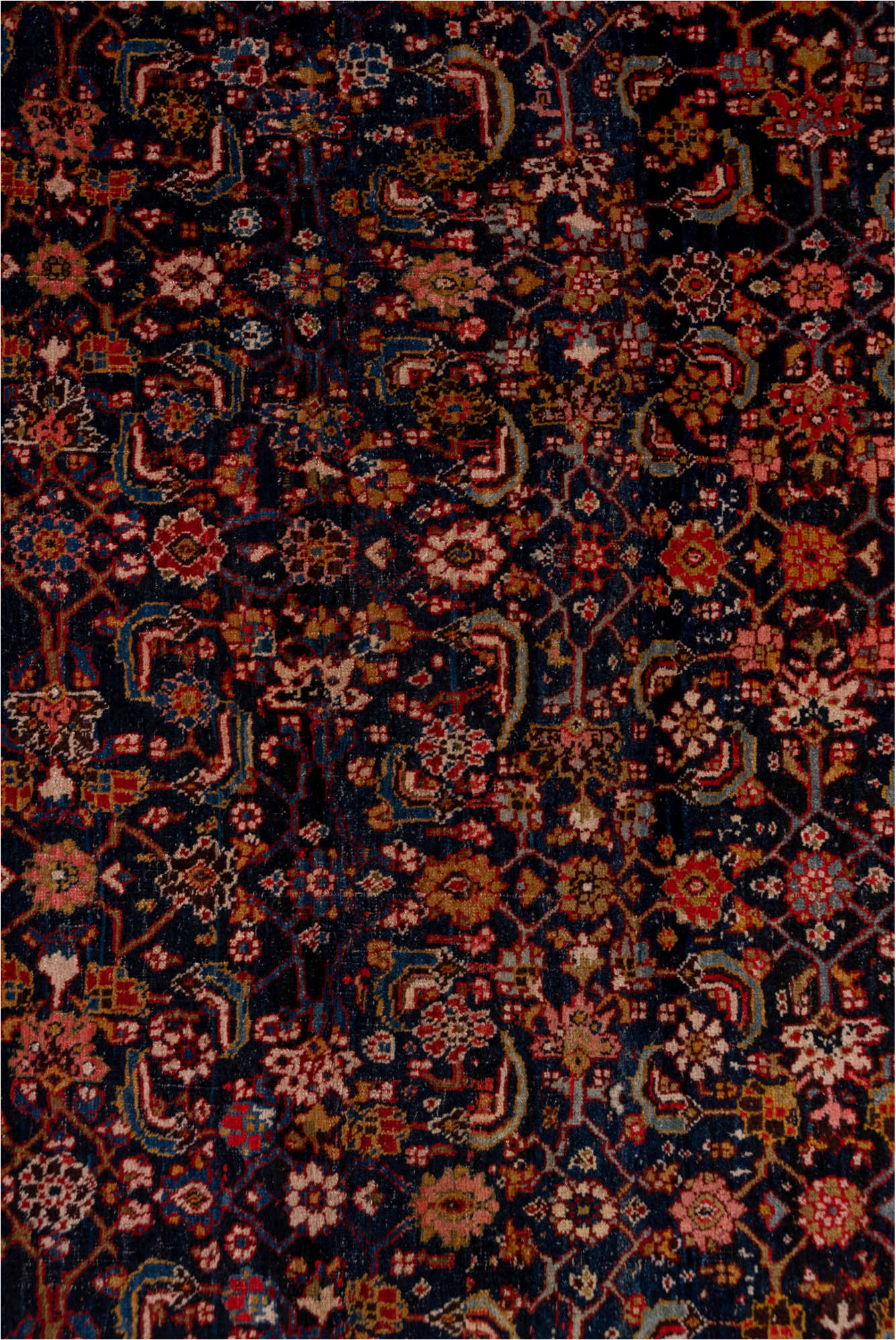 4' x 12' one-of-a-kind handmade vintage Bidjar runner rug. Color palette: black, blue, brown, gray, pink, red, redwood