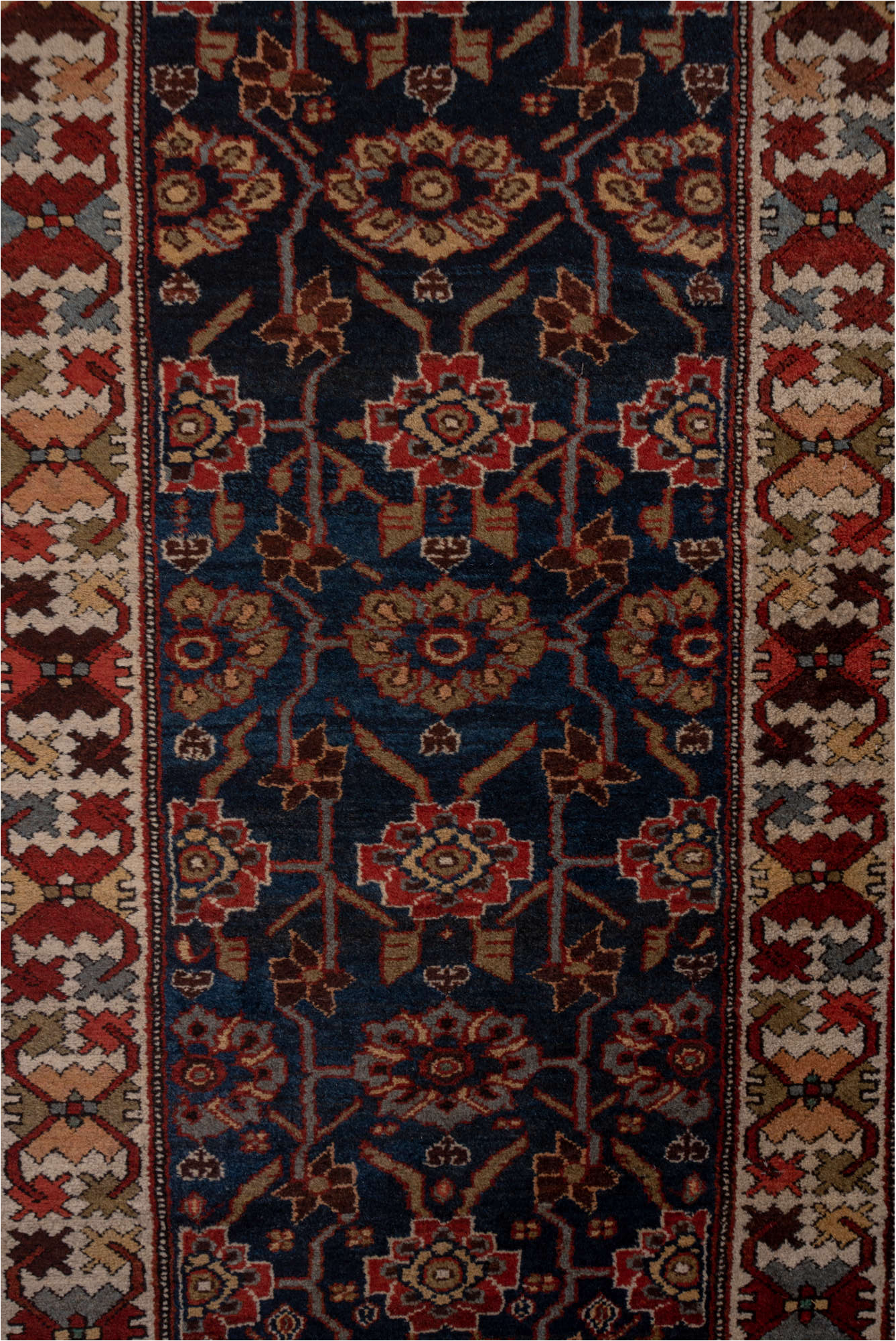 3' x 12' one-of-a-kind handmade vintage Malayer runner rug. Color palette: black, brown, gray, pink, red