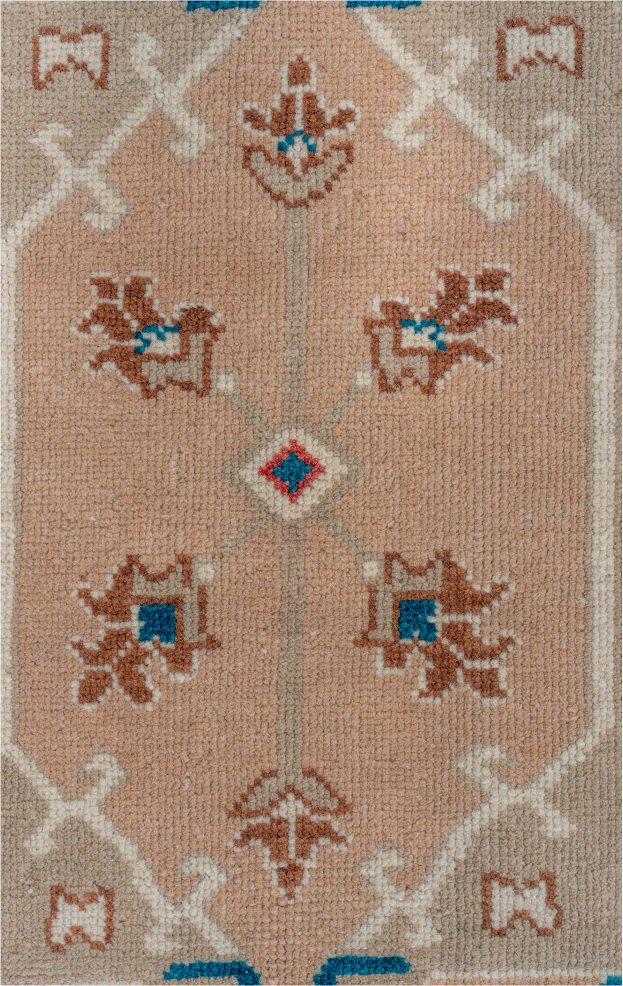 2' x 3' one-of-a-kind handmade vintage Oushak small size rug. Color palette: blue, brown, gray, light gray, off-white, pink