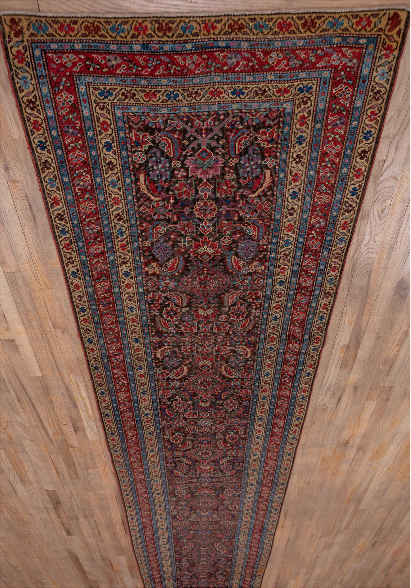 3' x 17' one-of-a-kind handmade vintage Karabagh runner rug. Color palette: black, blue, brown, gray, pink, red