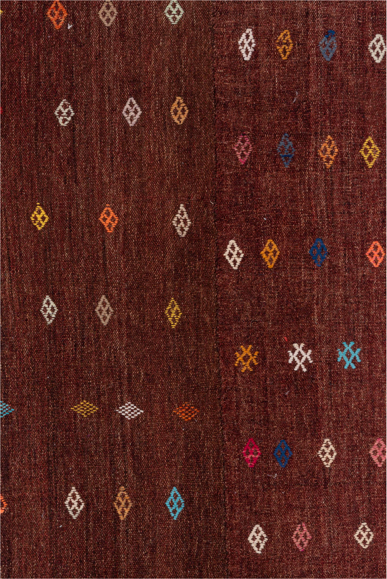 2' x 3' one-of-a-kind handmade vintage Jijim small size rug. Color palette: blue, brown, gray, off-white, pink, red, redwood