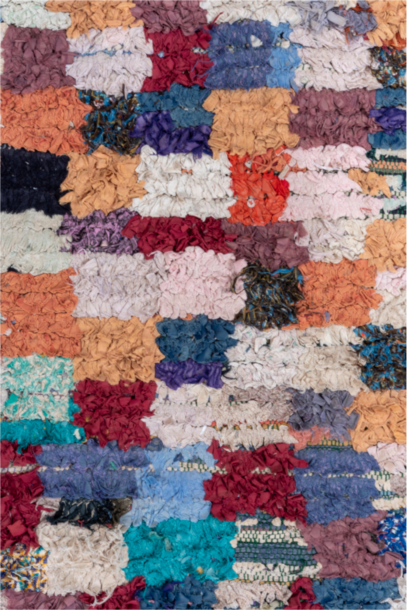 3' x 7' one-of-a-kind handmade vintage Rag Rug runner rug. Color palette: black, blue, brown, gray, green, light blue