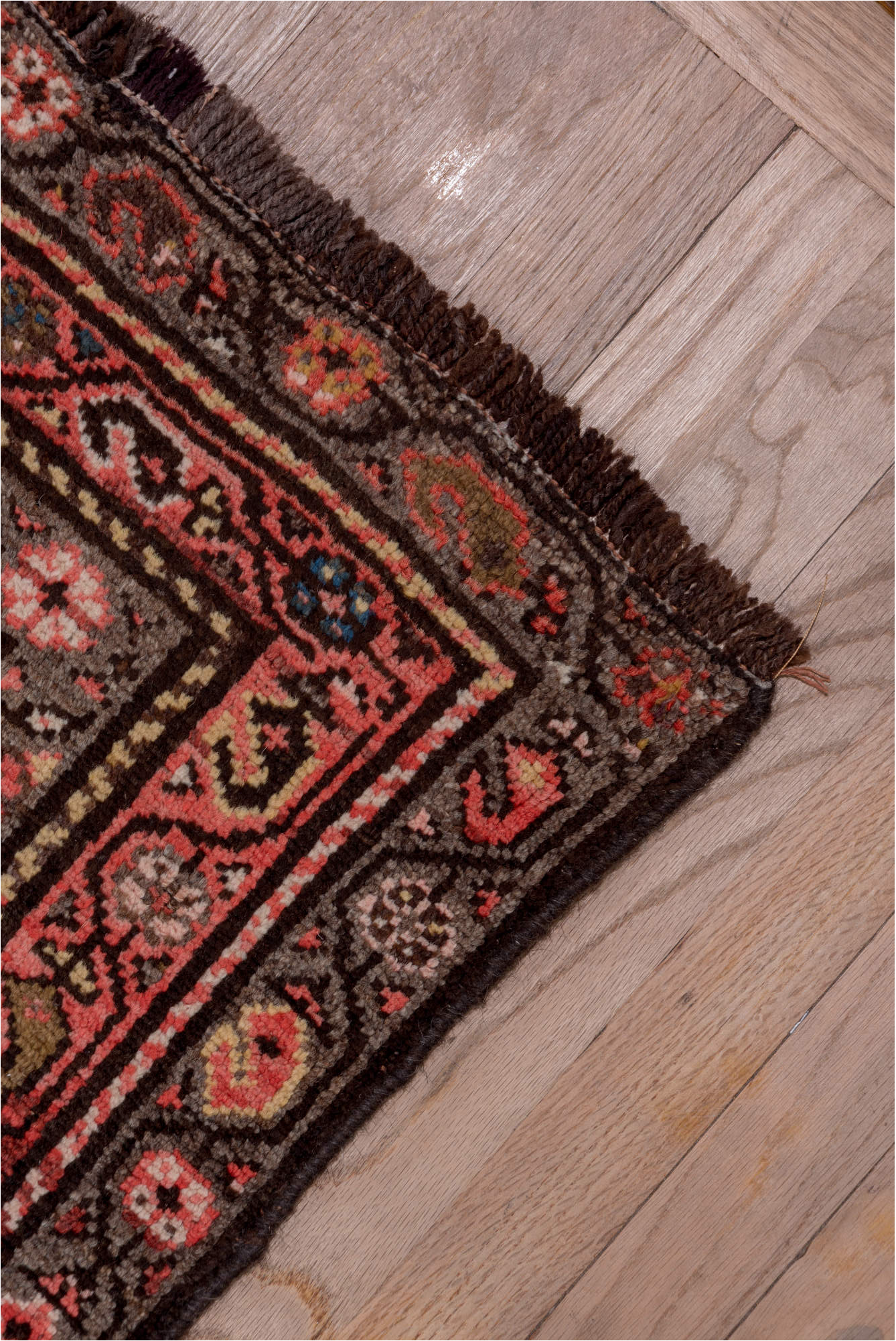 3' x 15' one-of-a-kind handmade vintage Malayer runner rug. Color palette: brown, gray, pink, red