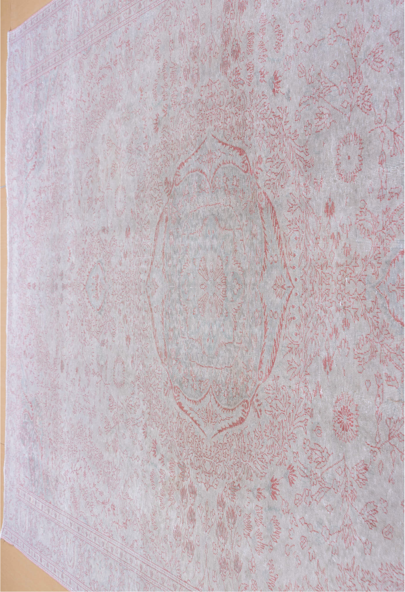 8' x 12' one-of-a-kind handmade vintage Sivas large size rug. Color palette: pink, gray, light gray, off-white, light blue