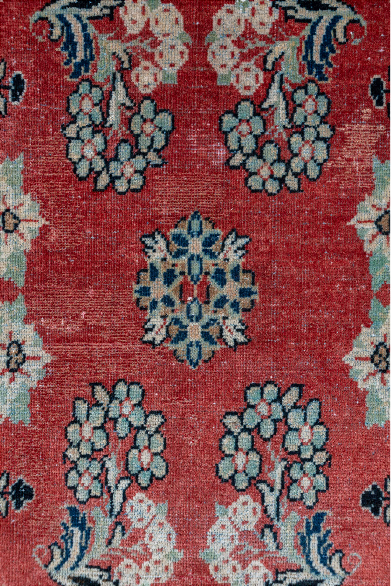 2' x 13' one-of-a-kind handmade vintage Mahal runner rug. Color palette: blue, brown, dim gray, gray, pink, red