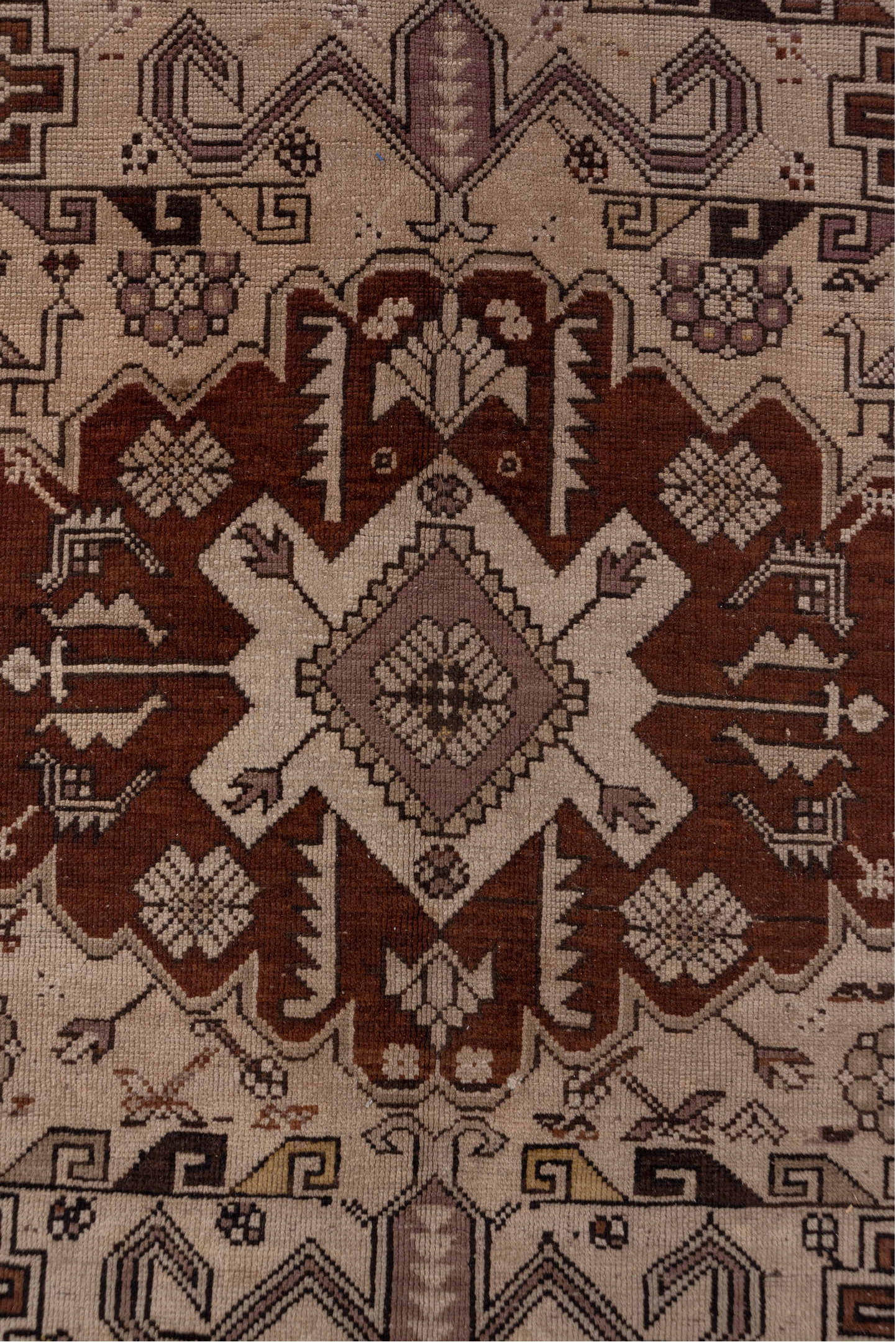 6' x 12' one-of-a-kind handmade vintage Karabagh large size rug. Color palette: brown, pink, gray, light gray, black