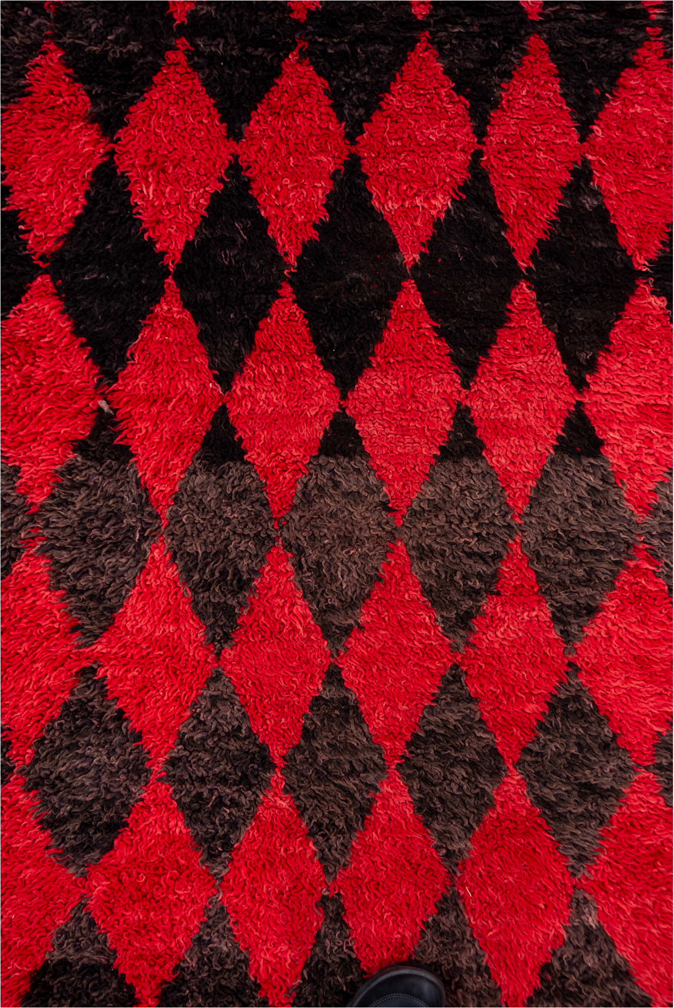3' x 11' one-of-a-kind handmade vintage Moroccan runner rug. Color palette: brown, indian red, pink, red, redwood