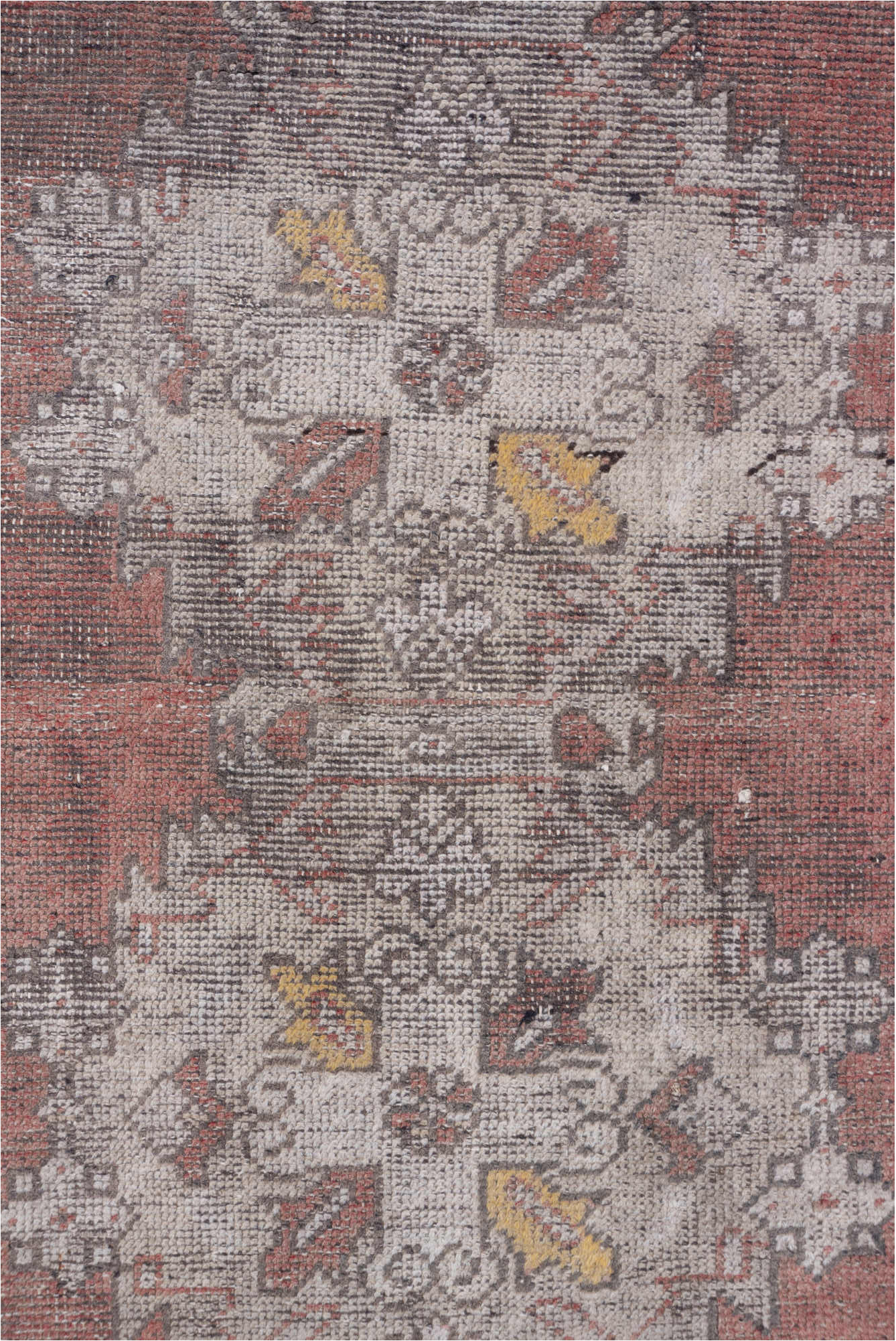 3' x 9' one-of-a-kind handmade vintage Oushak runner rug. Color palette: brown, gray, light gray, pink, silver