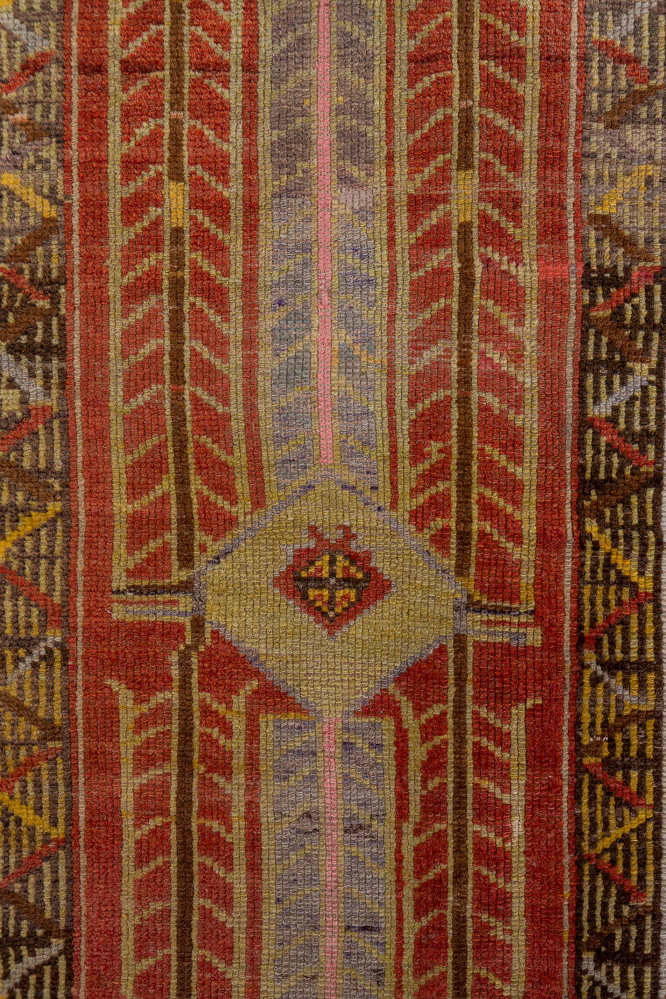 2' x 4' one-of-a-kind handmade vintage Oushak small size rug. Color palette: brown, gray, pink, red, yellow, off-white