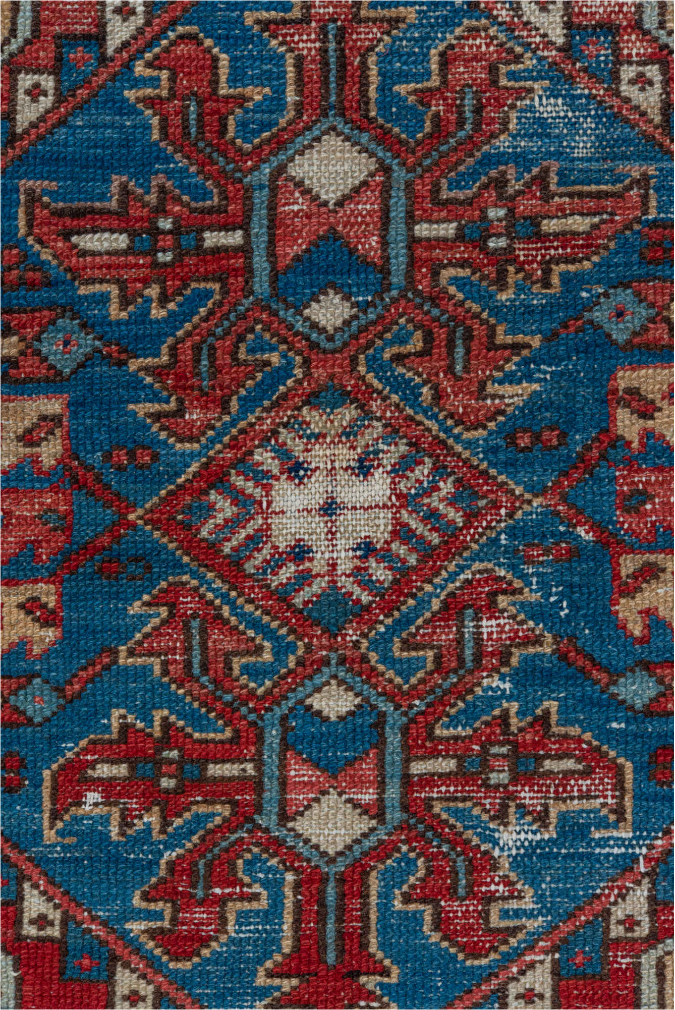 3' x 4' one-of-a-kind handmade vintage Heriz small size rug. Color palette: blue, brown, gray, indian red, light gray, pink
