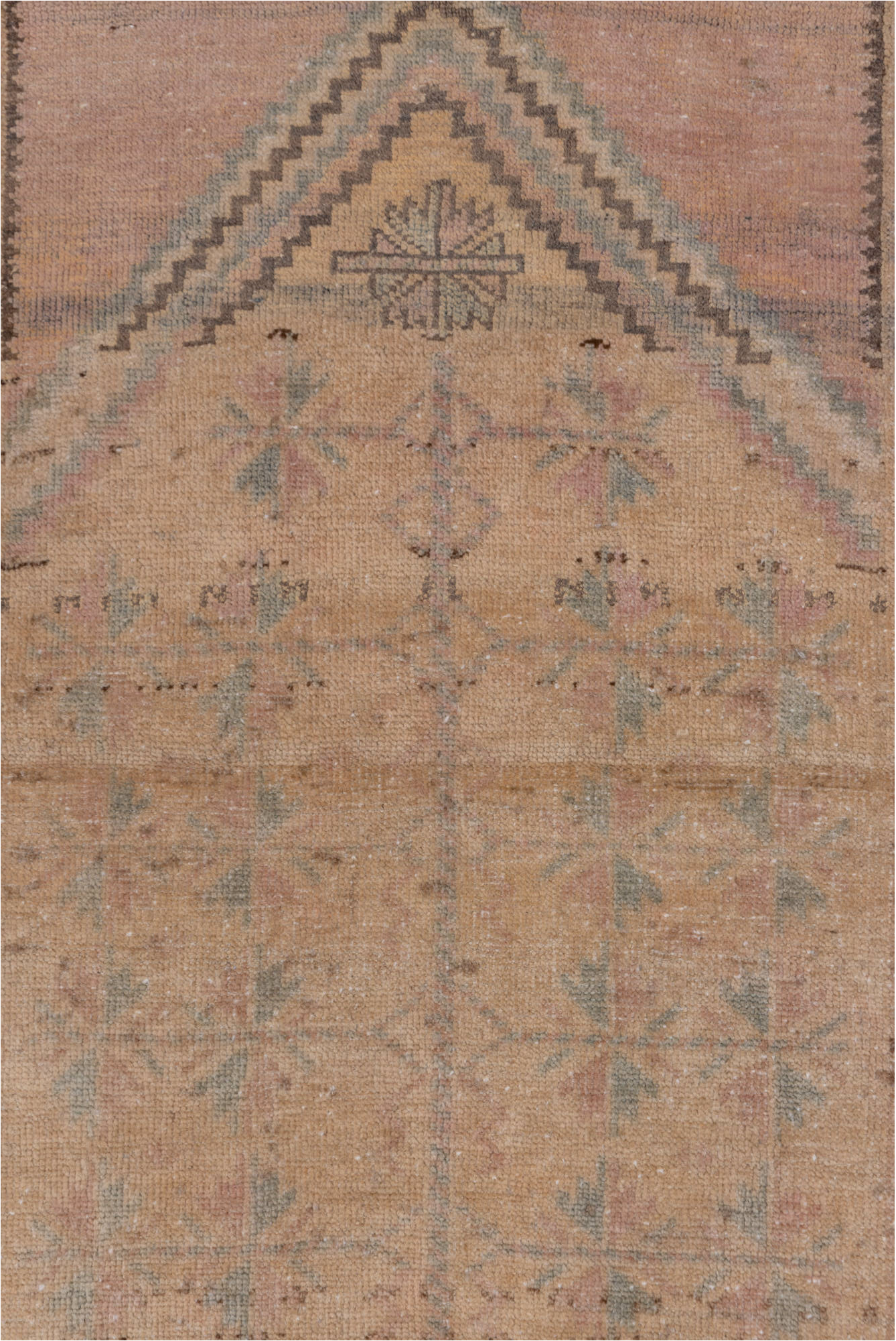 2' x 4' one-of-a-kind handmade vintage Anatol small size rug. Color palette: brown, gray, light gray, off-white, pink, snow