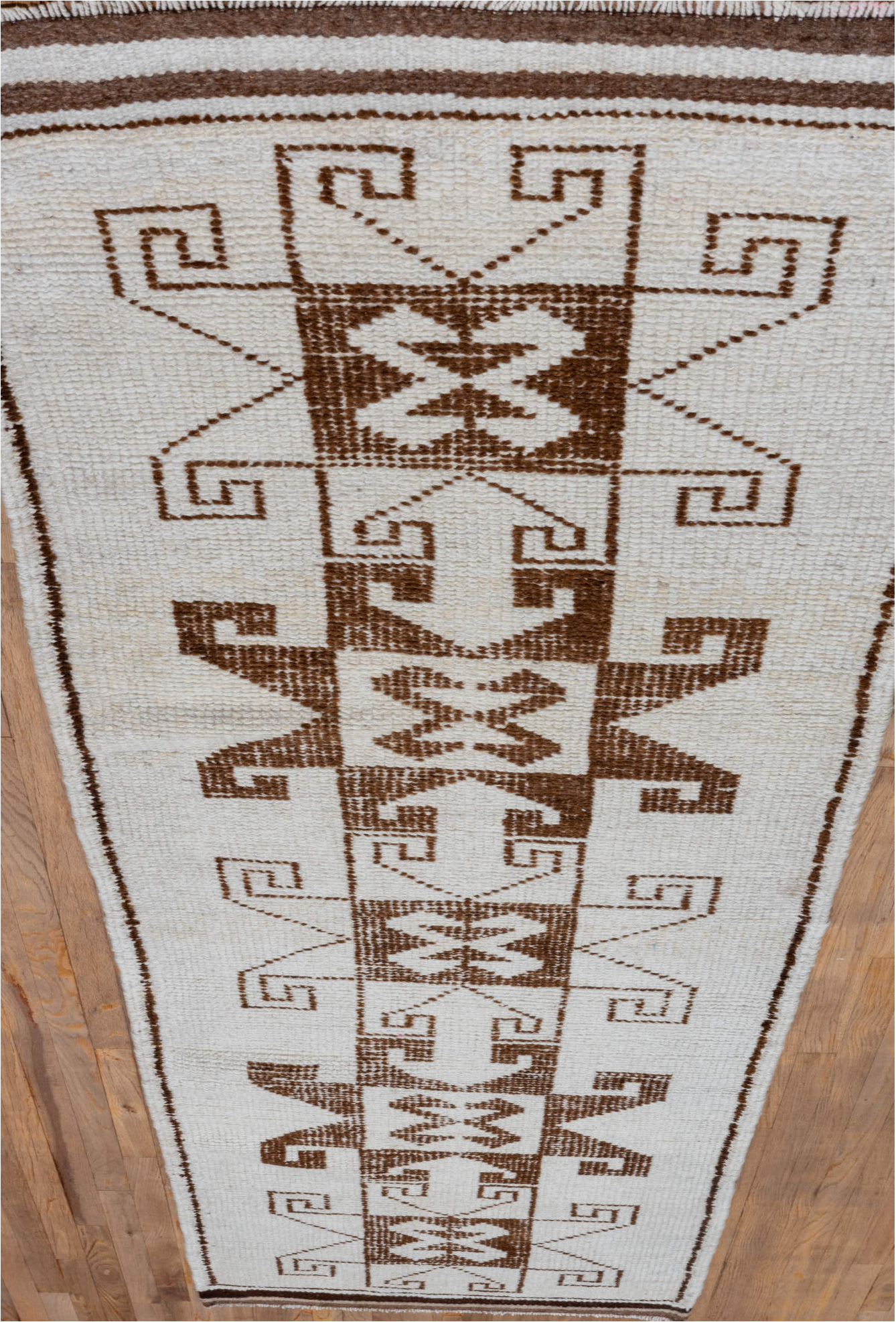 3' x 10' one-of-a-kind handmade vintage Kars runner rug. Color palette: brown, gainsboro, gray, light gray, linen, off-white