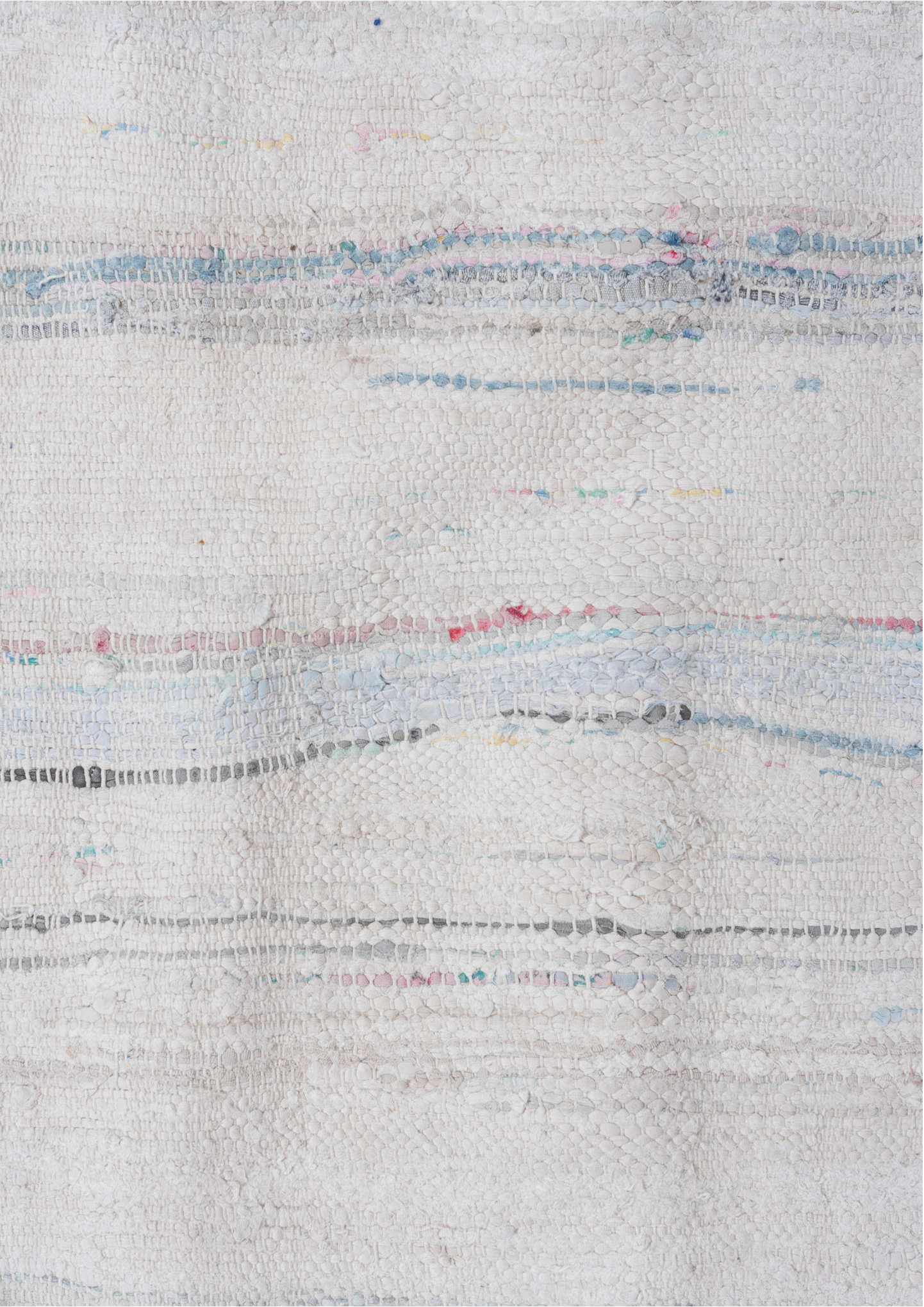 5' x 10' one-of-a-kind handmade vintage Rag Rug medium size rug. Color palette: light gray, off-white, gray, blue