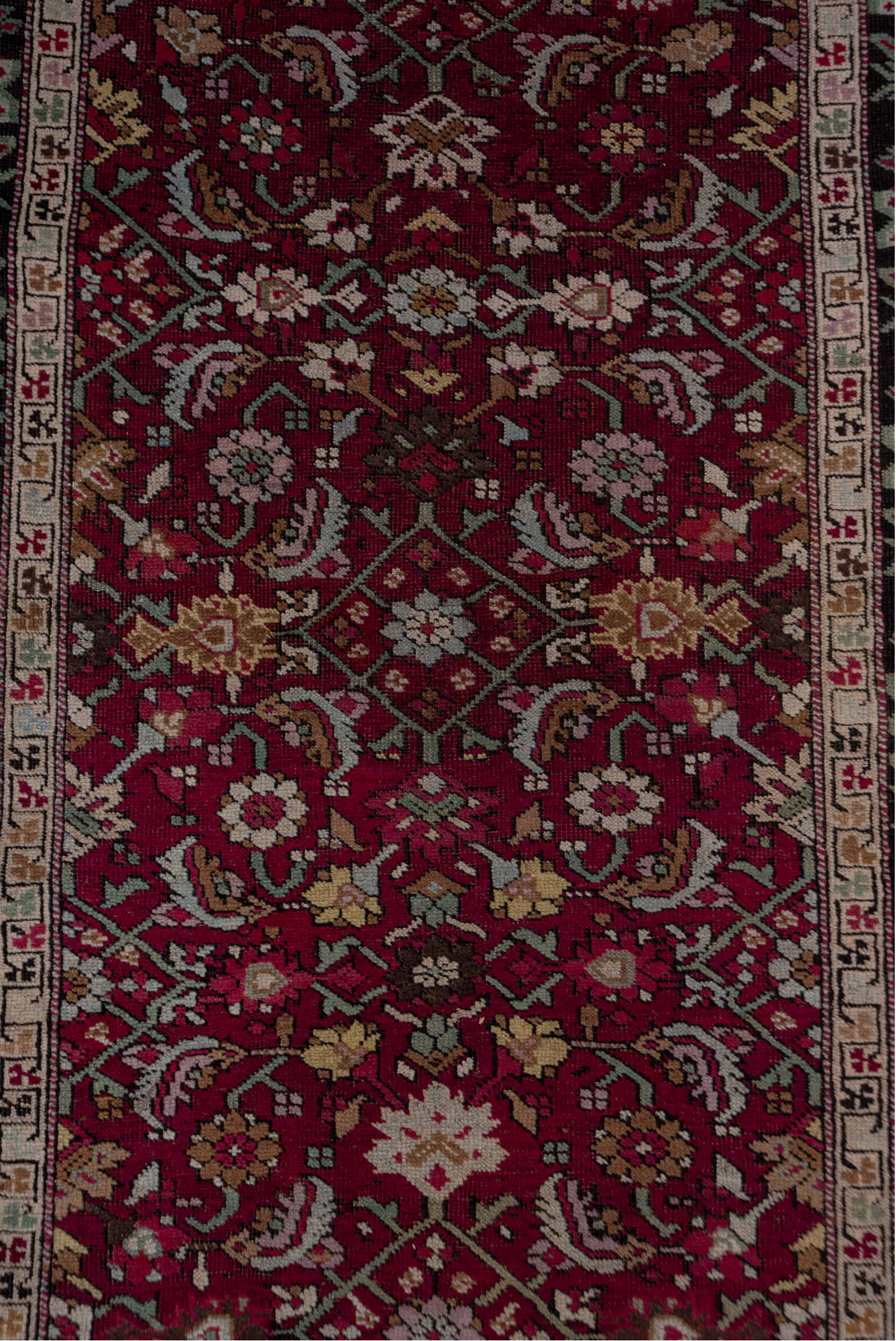 4' x 19' one-of-a-kind handmade vintage Karabagh runner rug. Color palette: gray, pink, brown, red