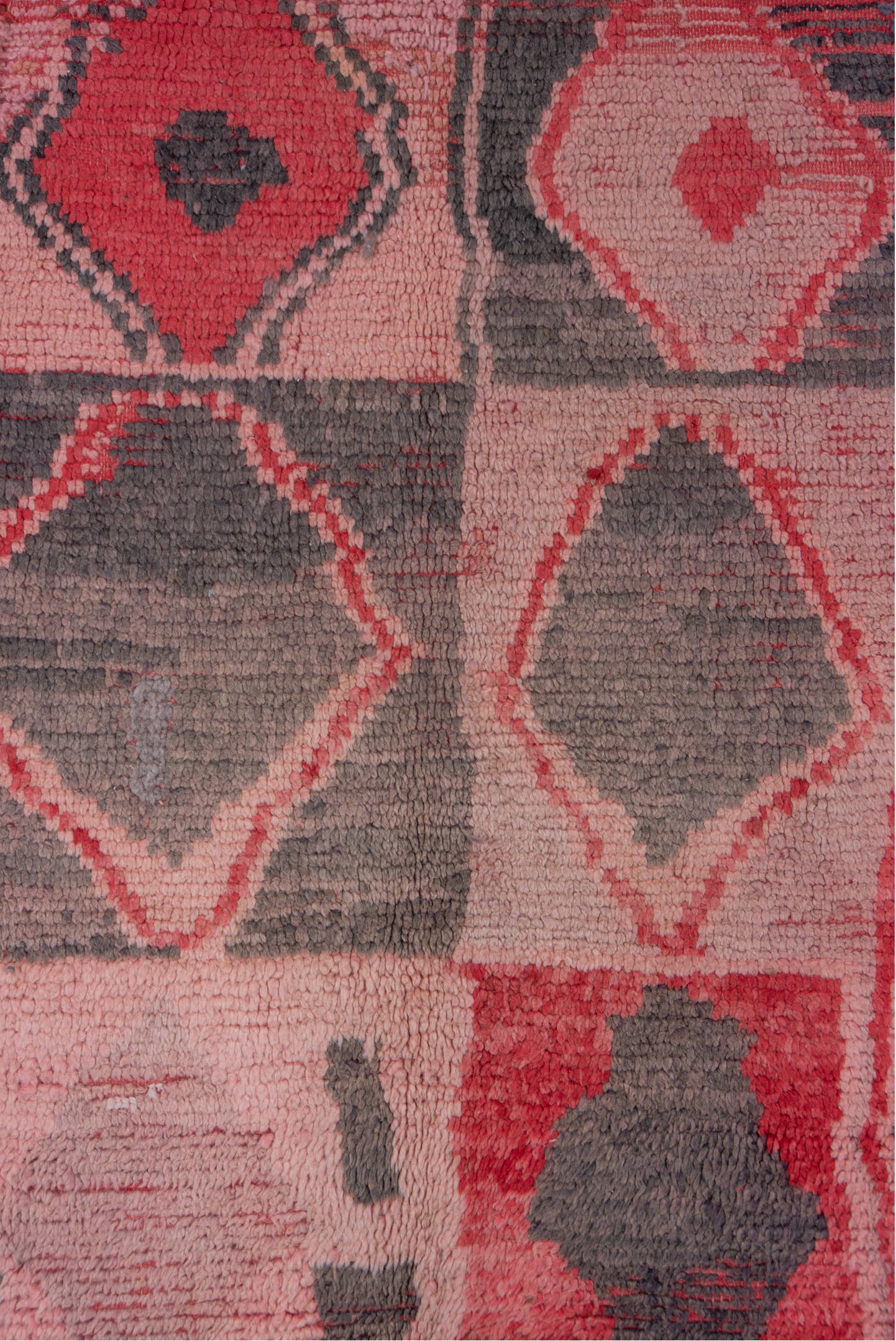 5' x 6' one-of-a-kind handmade vintage Moroccan rug. Color palette: red, pink, brown, gray, wine, indian red