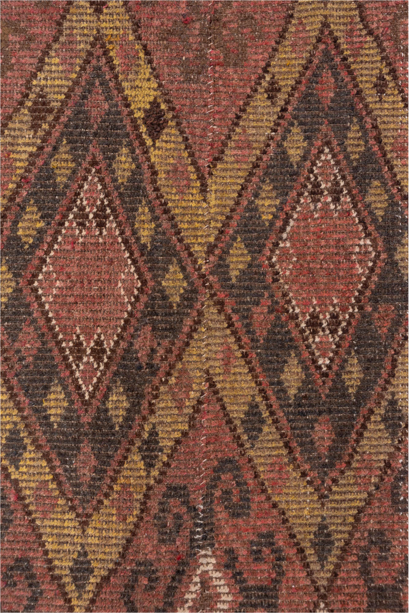 4' x 12' one-of-a-kind handmade vintage Ouzbek runner rug. Color palette: brown, pink, redwood