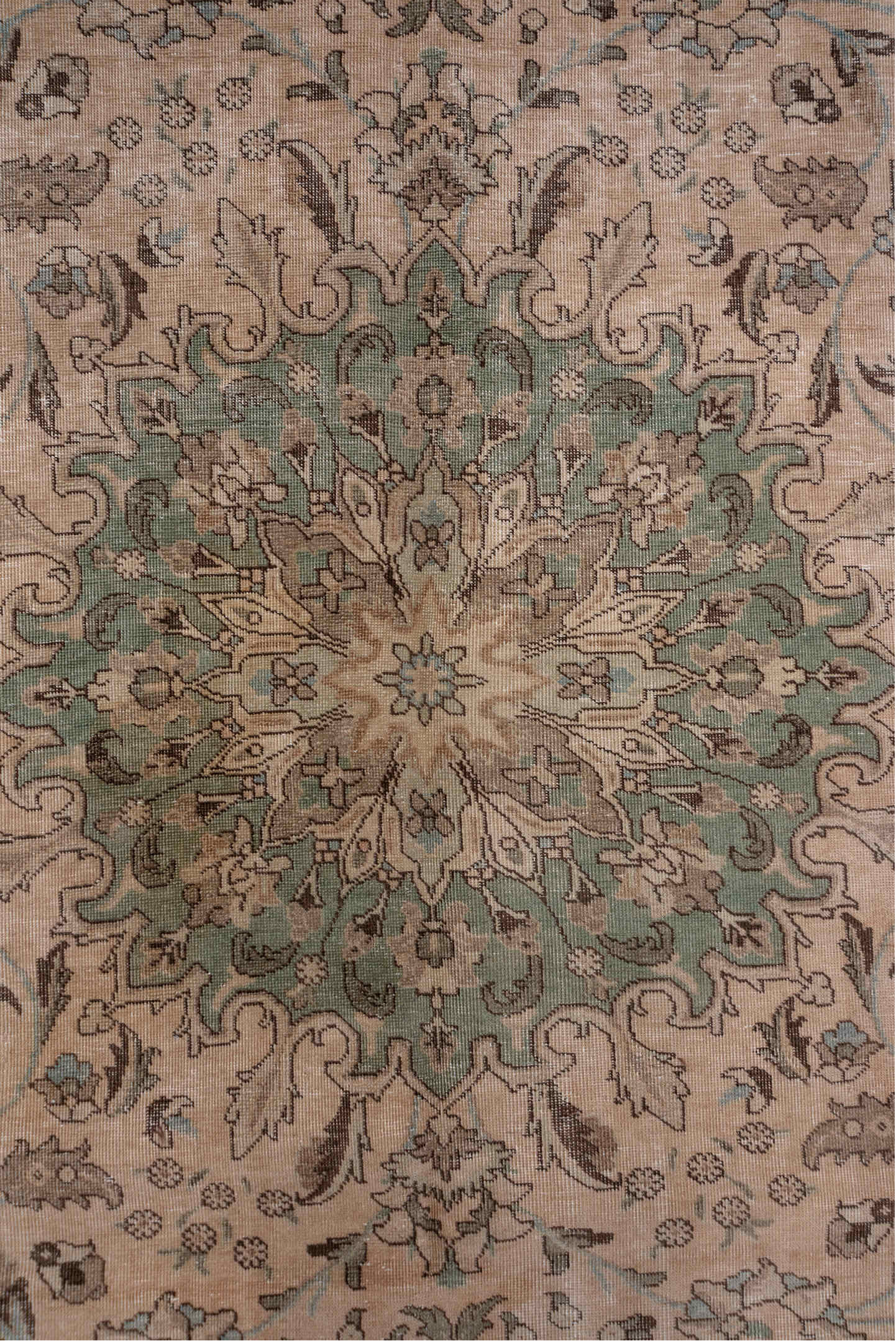 9' x 12' one-of-a-kind handmade vintage Tabriz large size rug. Color palette: brown, gray, light gray, off-white, pink