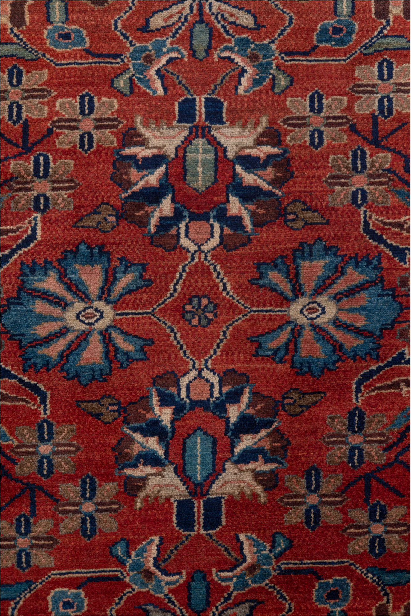 2' x 19' one-of-a-kind handmade vintage Lilian runner rug. Color palette: blue, brown, gray, off-white, pink, red, redwood