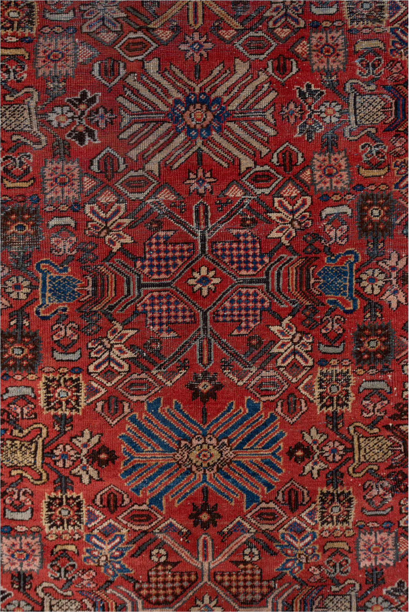 11' x 19' one-of-a-kind handmade vintage Mahal oversize rug. Color palette: brown, gray, pink, red