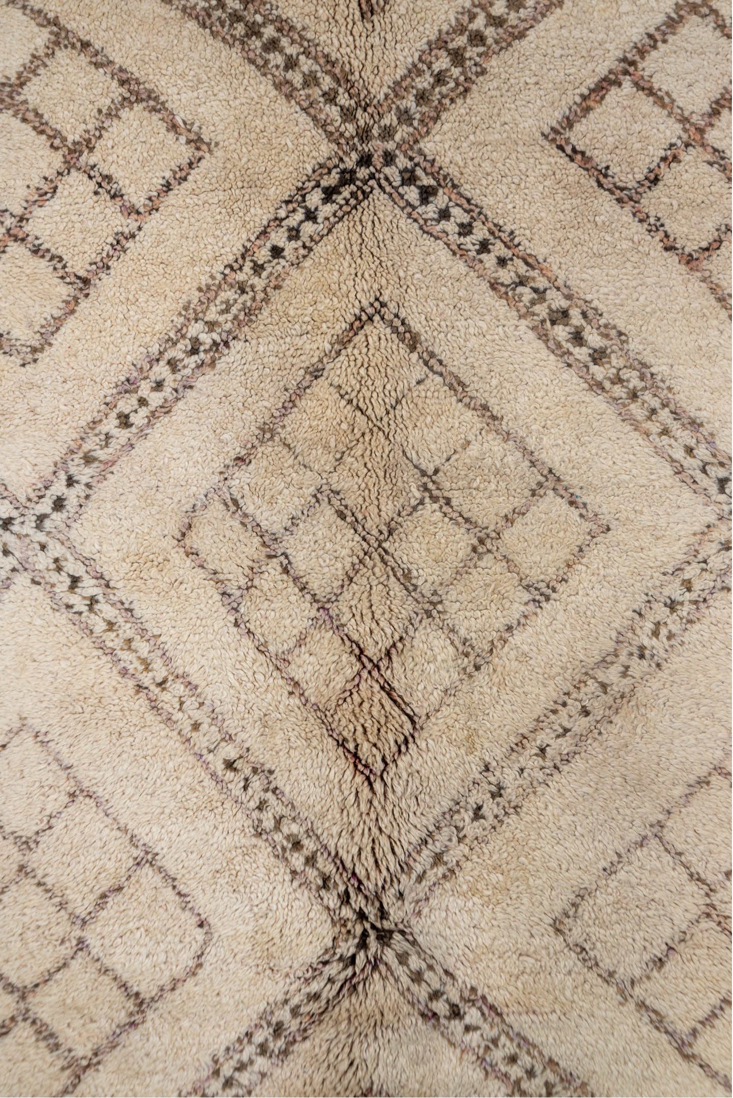 6' x 12' one-of-a-kind handmade vintage Moroccan large size rug. Color palette: brown, pink, gray, light gray, off-white