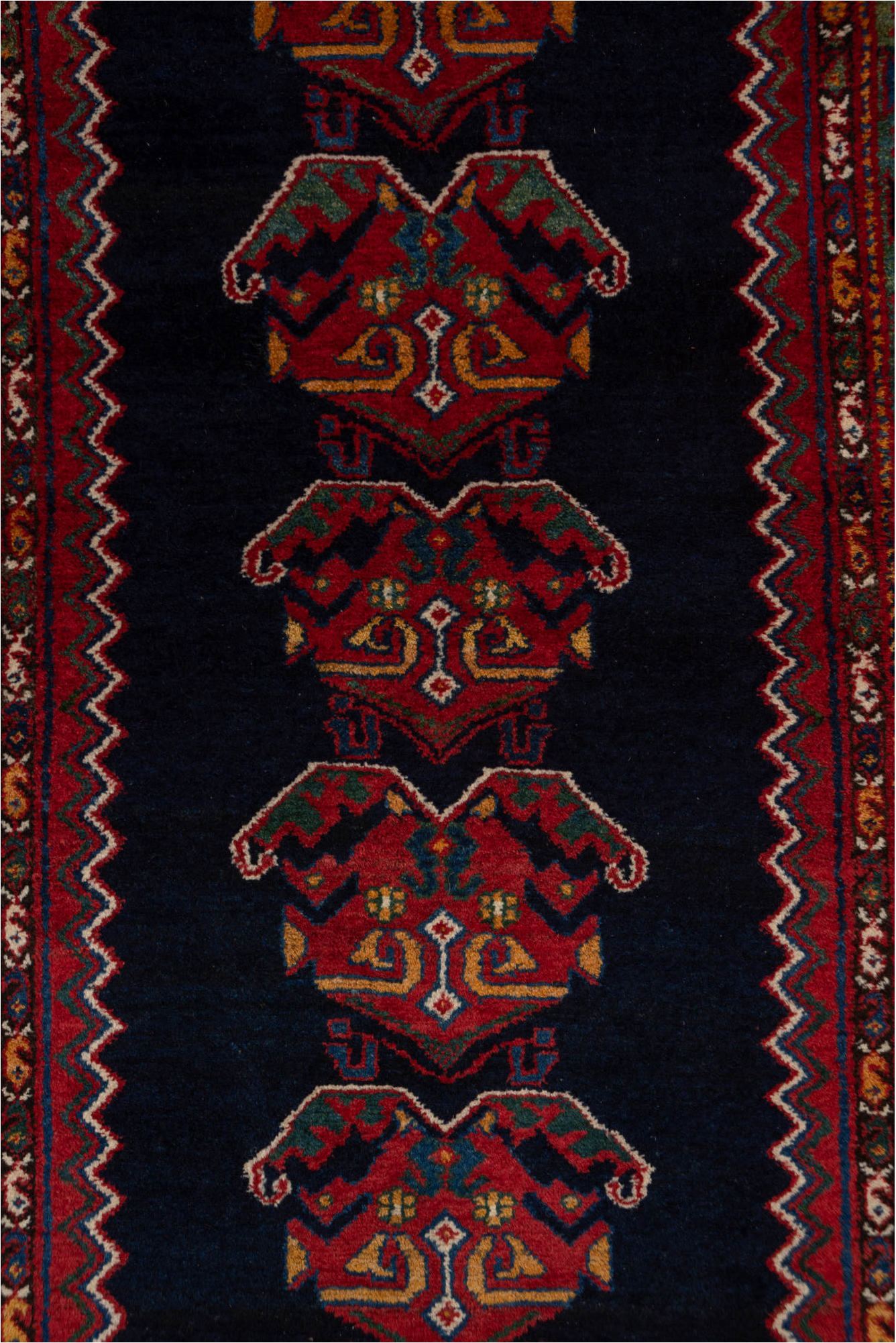 3' x 16' one-of-a-kind handmade vintage Malayer runner rug. Color palette: blue, brown, gray, off-white, pink, red, snow