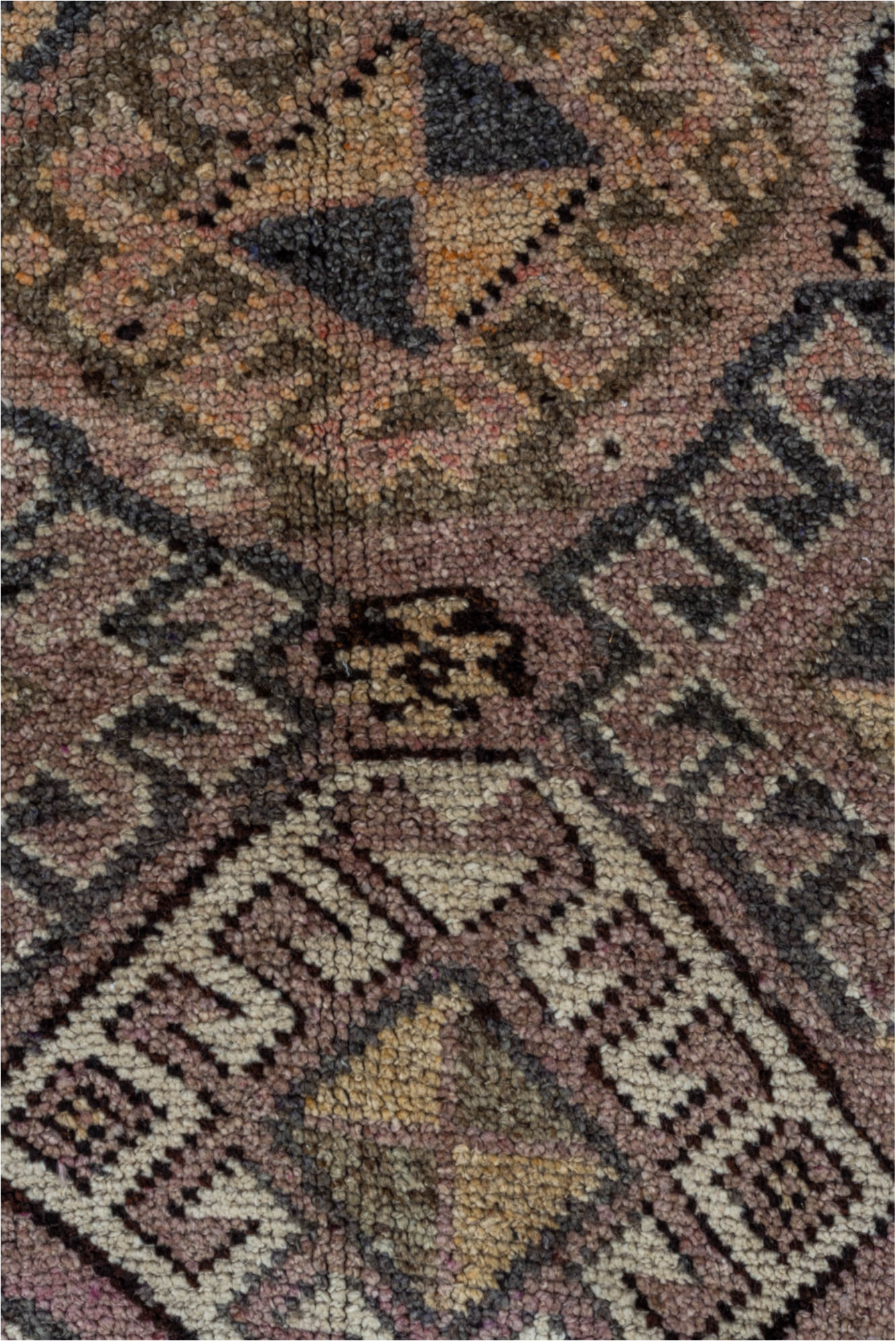 4' x 5' one-of-a-kind handmade vintage Kars small size rug. Color palette: black, brown, charcoal, gray, light gray, pink