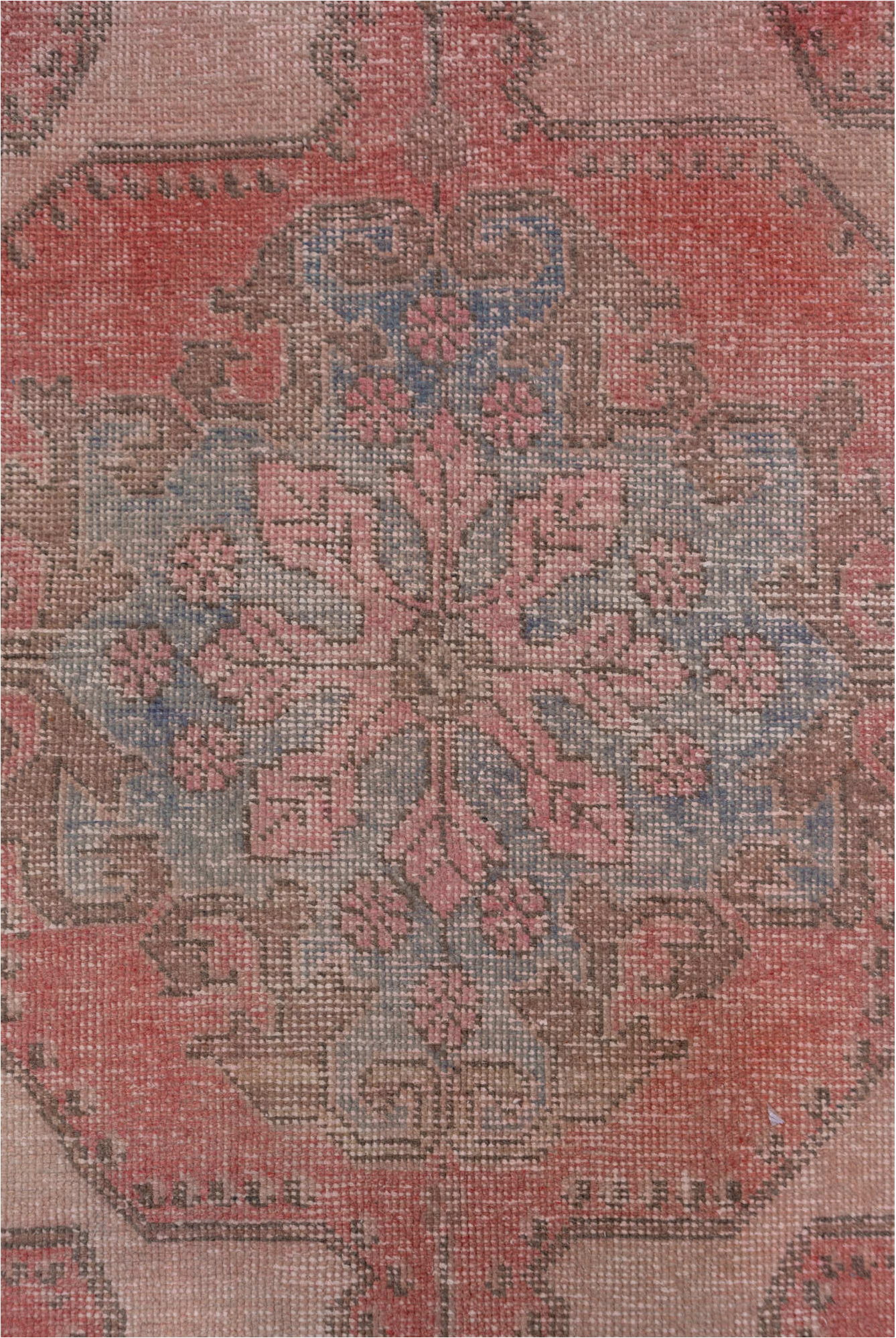 4' x 6' one-of-a-kind handmade vintage Oushak small size rug. Color palette: brown, gray, pink, red, rosy brown