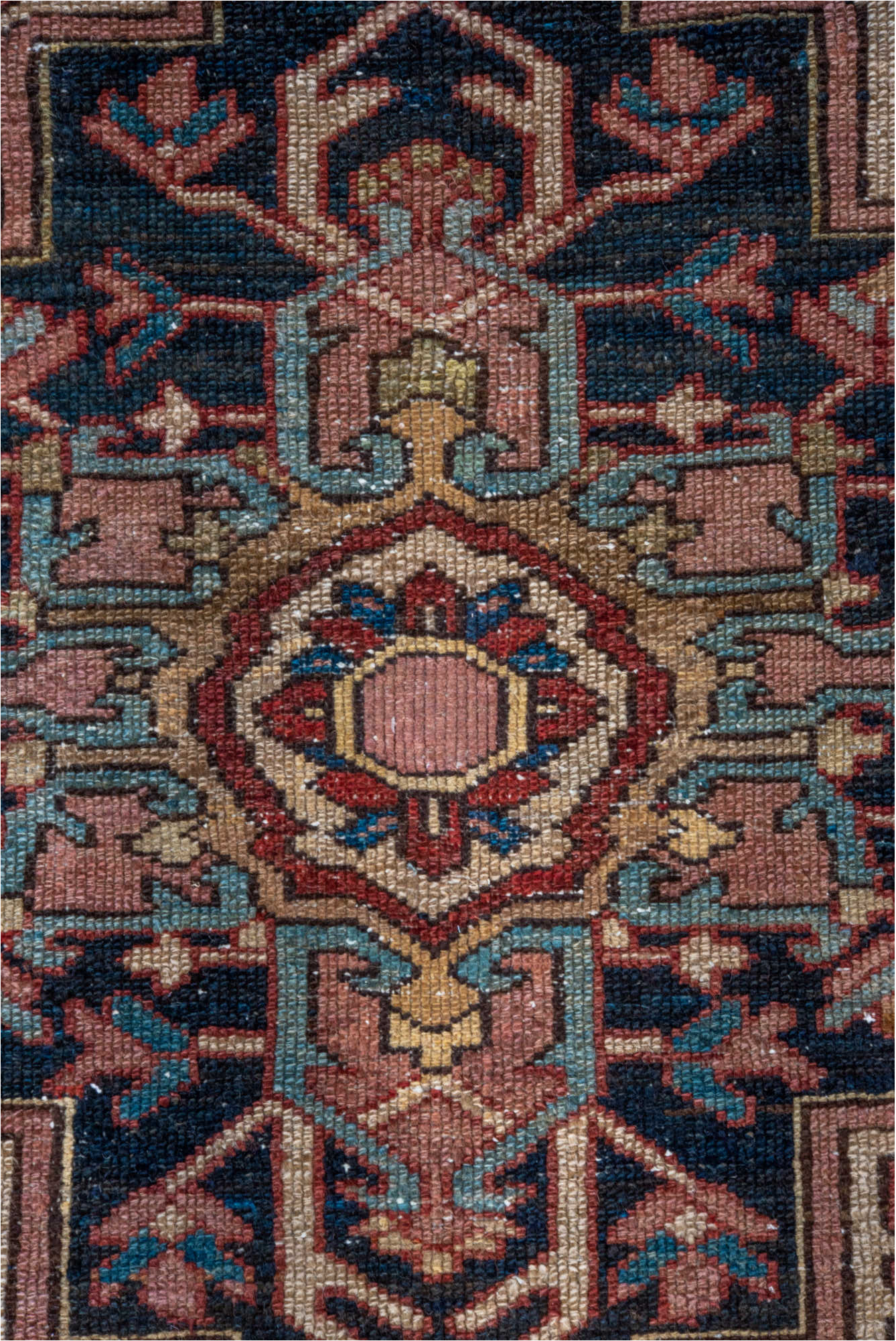 4' x 6' one-of-a-kind handmade vintage Serapi small size rug. Color palette: arapawa, blue, brown, dim gray, gray, pink, red