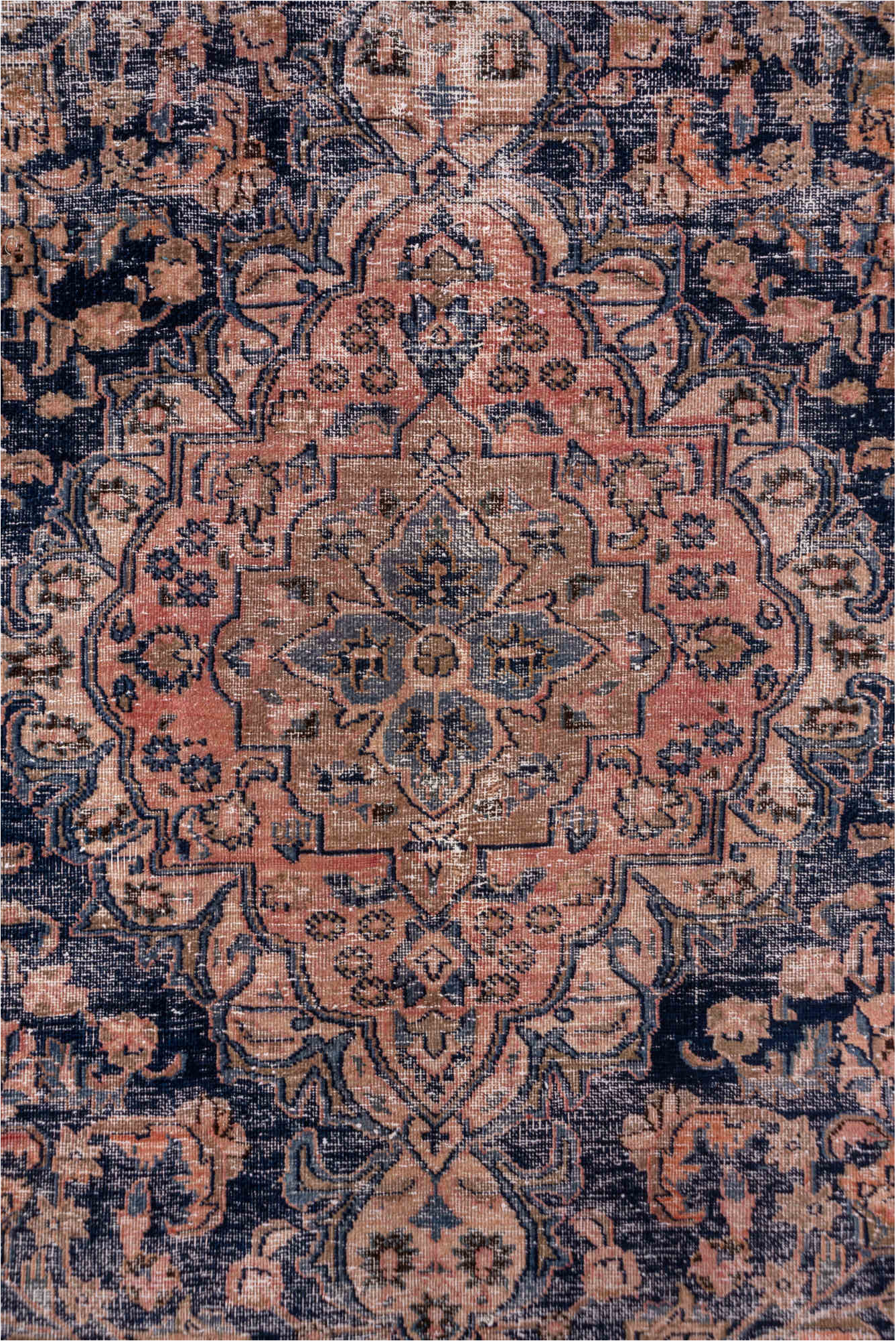 9' x 12' one-of-a-kind handmade vintage Distressed large size rug. Color palette: black, blue, brown, gray, light gray