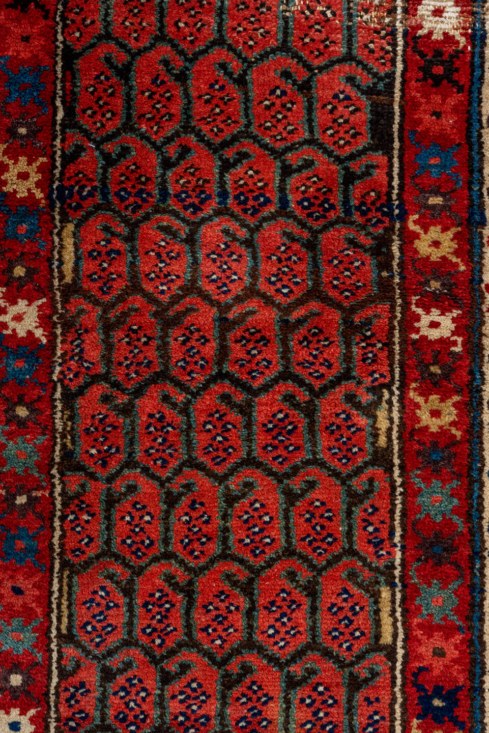 2' x 13' one-of-a-kind handmade vintage Malayer runner rug. Color palette: brown, red, black, gray, blue, off-white, white