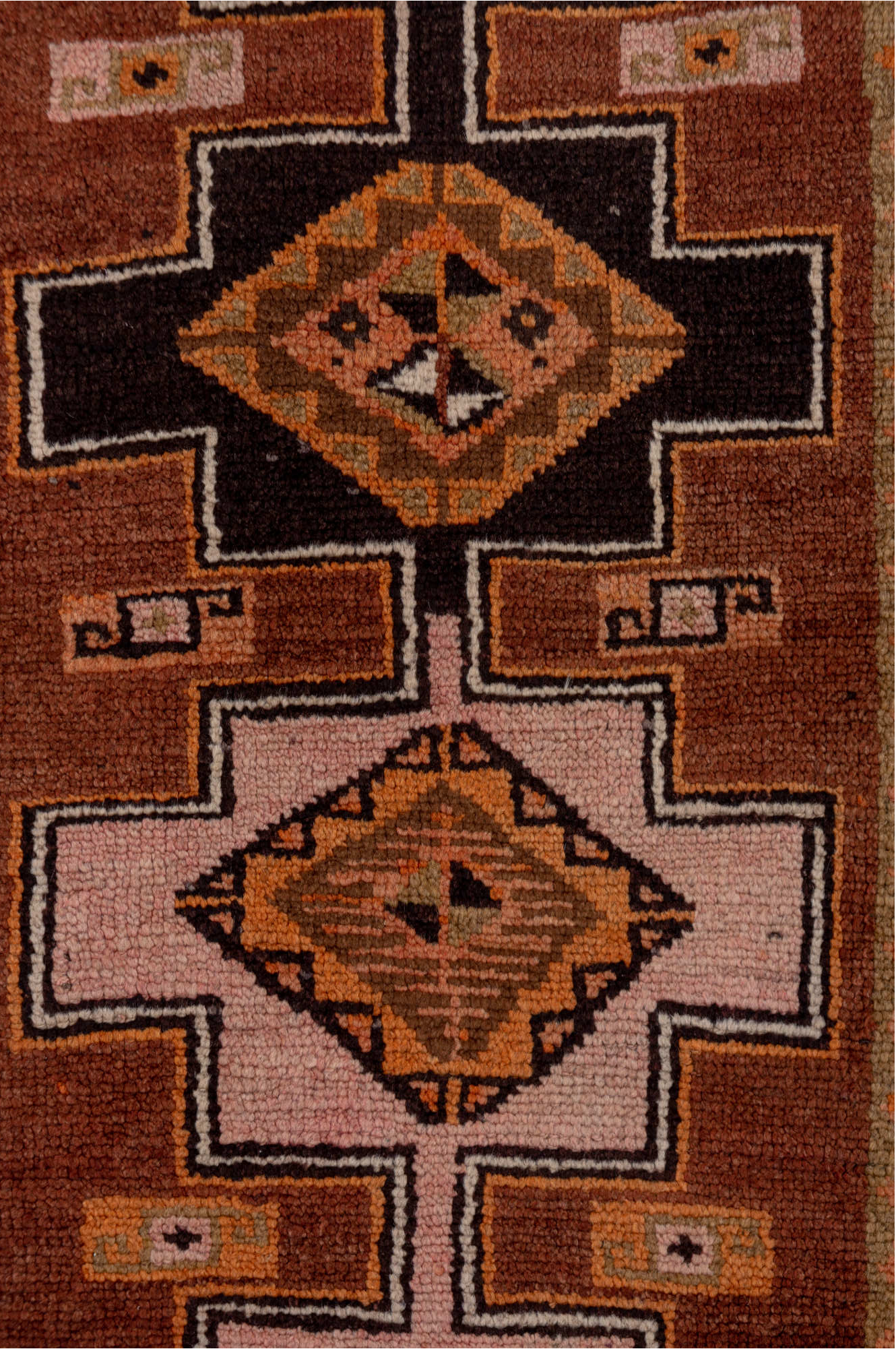 2' x 13' one-of-a-kind handmade vintage Kars runner rug. Color palette: brown, off-white, pink, snow, white, whitesmoke