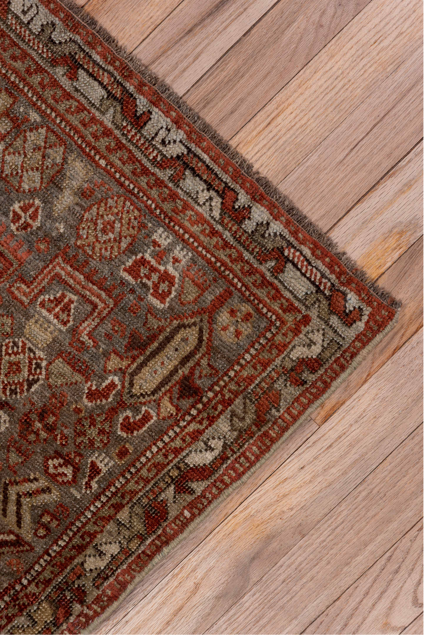 4' x 5' one-of-a-kind handmade vintage Shiraz small size rug. Color palette: gray, pink, brown