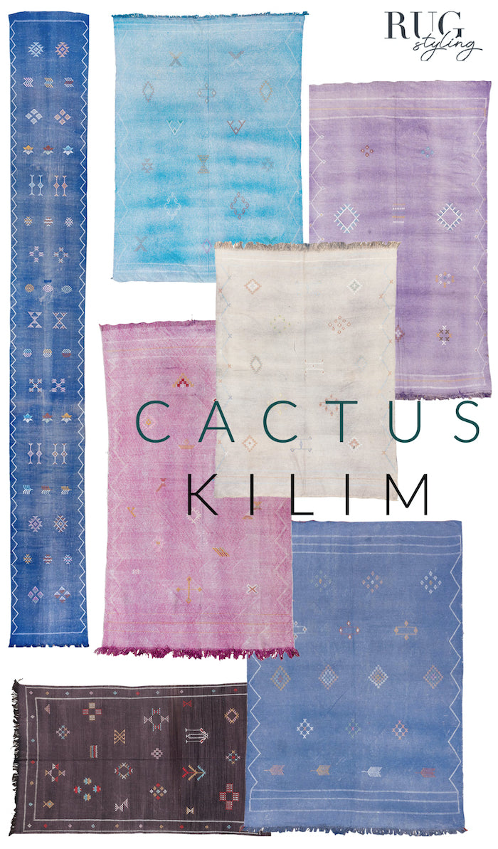 Colorful variety of vintage inspired Moroccan Sabra Cactus Kilim rugs 