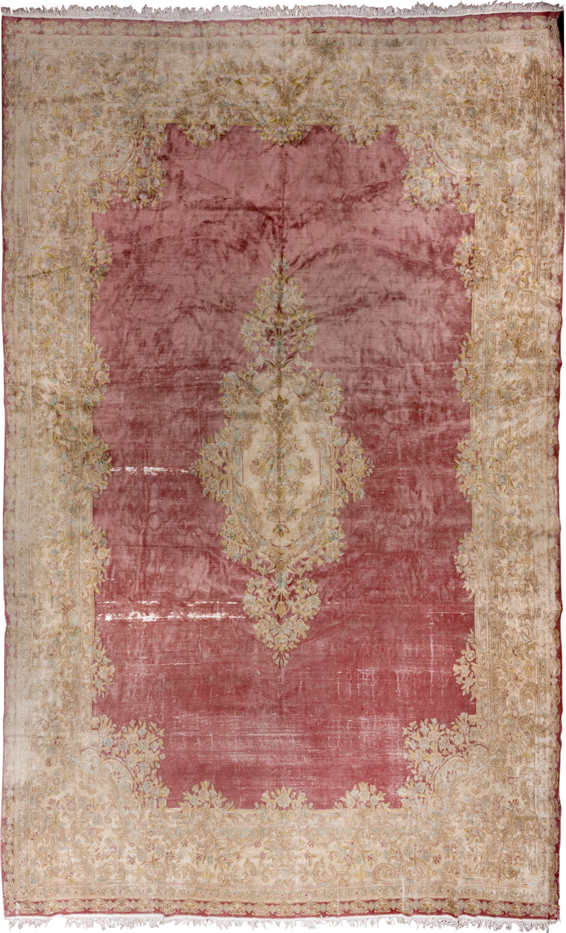 11' x 18' one-of-a-kind handmade vintage Kerman oversize rug. Color palette: rose, ivory, cream, gold, taupe, sage