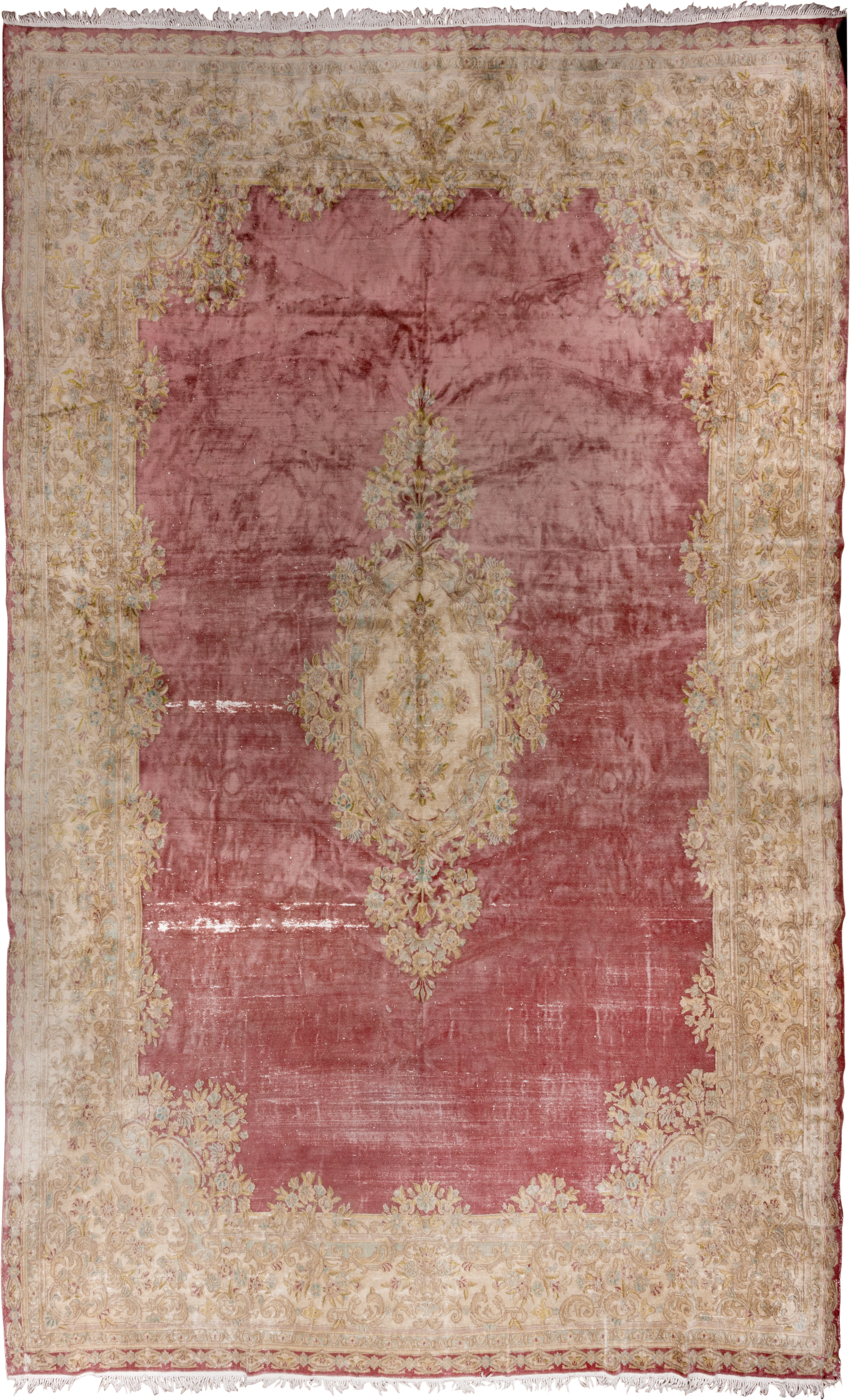 11' x 18' one-of-a-kind handmade vintage Kerman oversize rug. Color palette: rose, ivory, cream, gold, taupe, sage