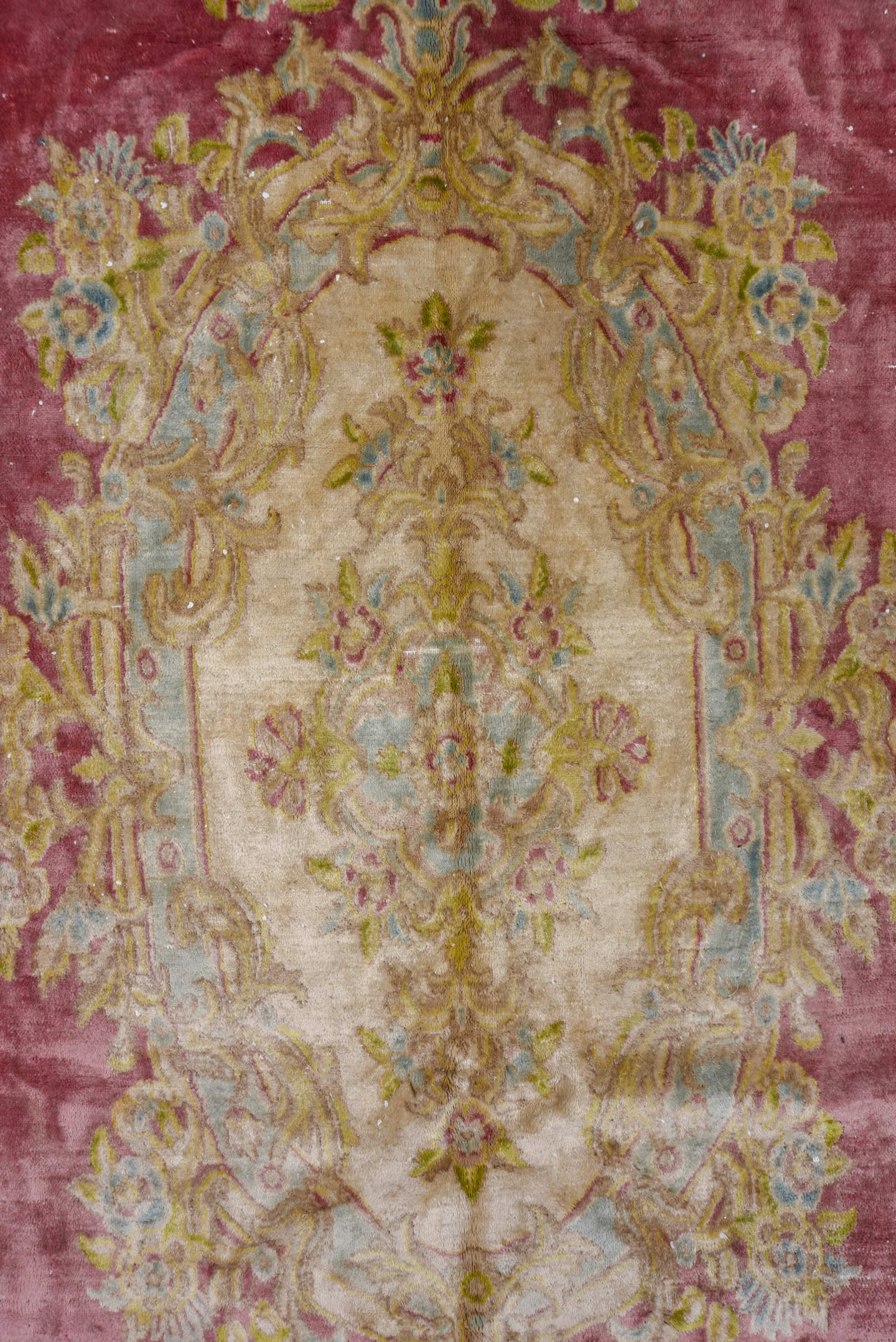 11' x 18' one-of-a-kind handmade vintage Kerman oversize rug. Color palette: rose, ivory, cream, gold, taupe, sage