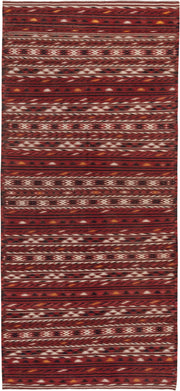 4' x 9' one-of-a-kind handmade vintage Kilim runner rug. Color palette: rust, burgundy, ivory, charcoal, gold, mahogany