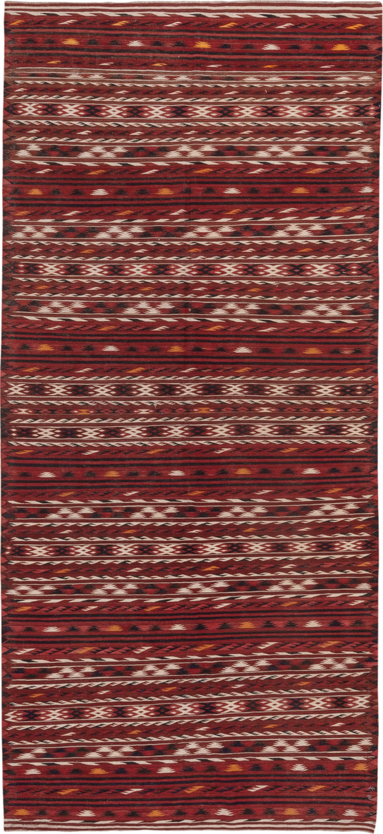 4' x 9' one-of-a-kind handmade vintage Kilim runner rug. Color palette: rust, burgundy, ivory, charcoal, gold, mahogany