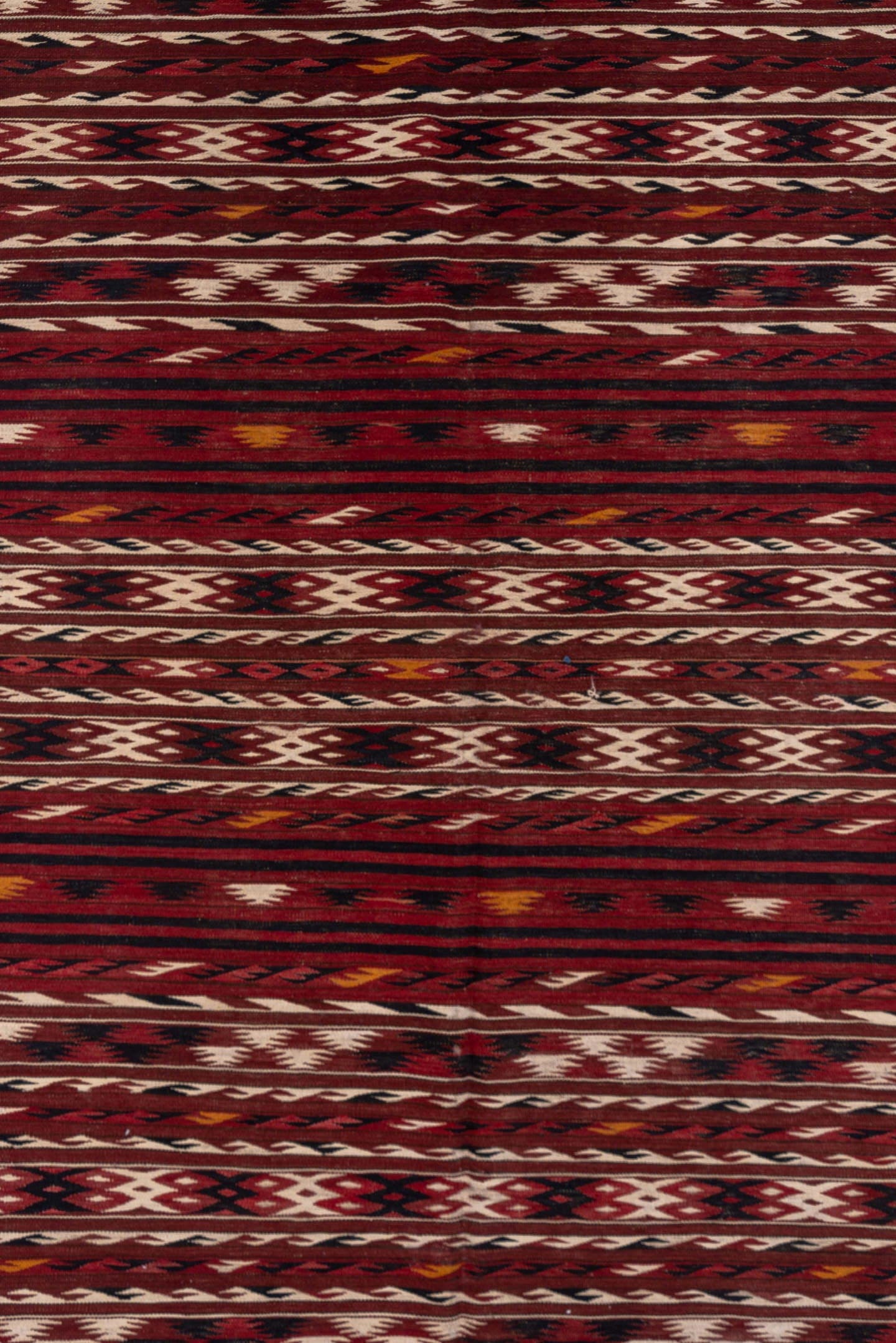 4' x 9' one-of-a-kind handmade vintage Kilim runner rug. Color palette: rust, burgundy, ivory, charcoal, gold, mahogany