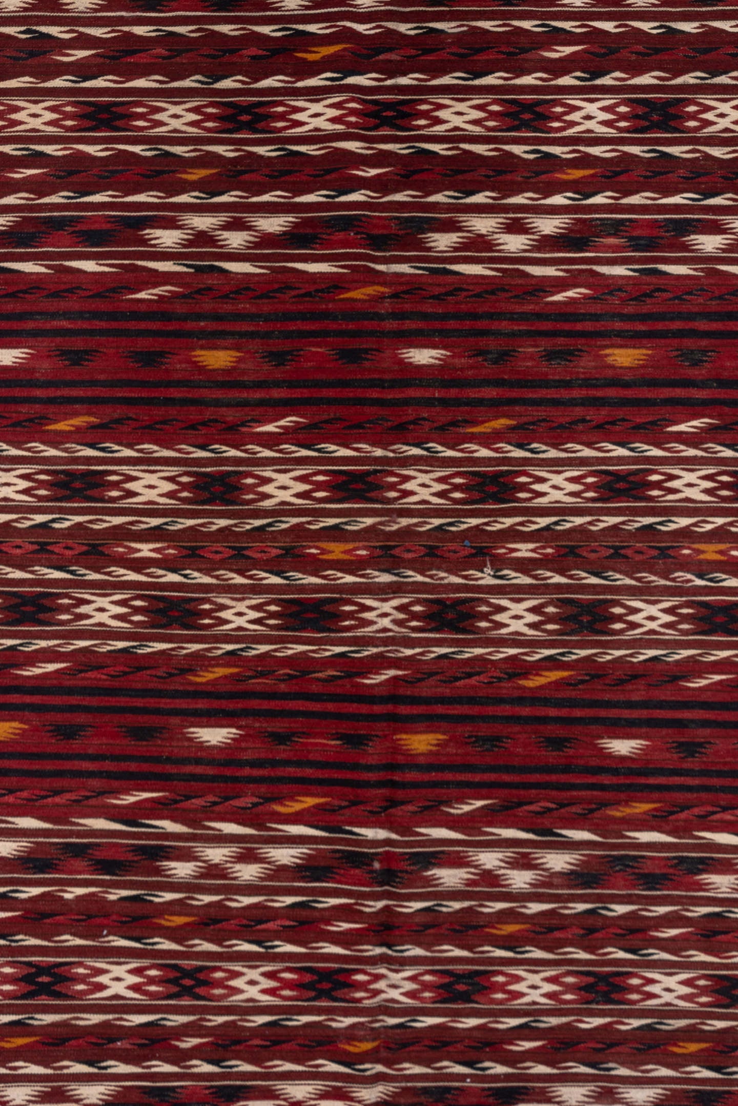 4' x 9' one-of-a-kind handmade vintage Kilim runner rug. Color palette: rust, burgundy, ivory, charcoal, gold, mahogany