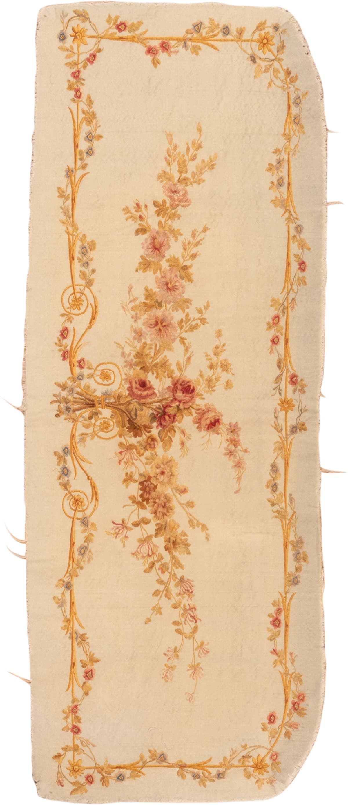 2' x 5' one-of-a-kind handmade vintage Aubusson small size rug. Color palette: ivory, gold, cream, rose, taupe, pale_blue
