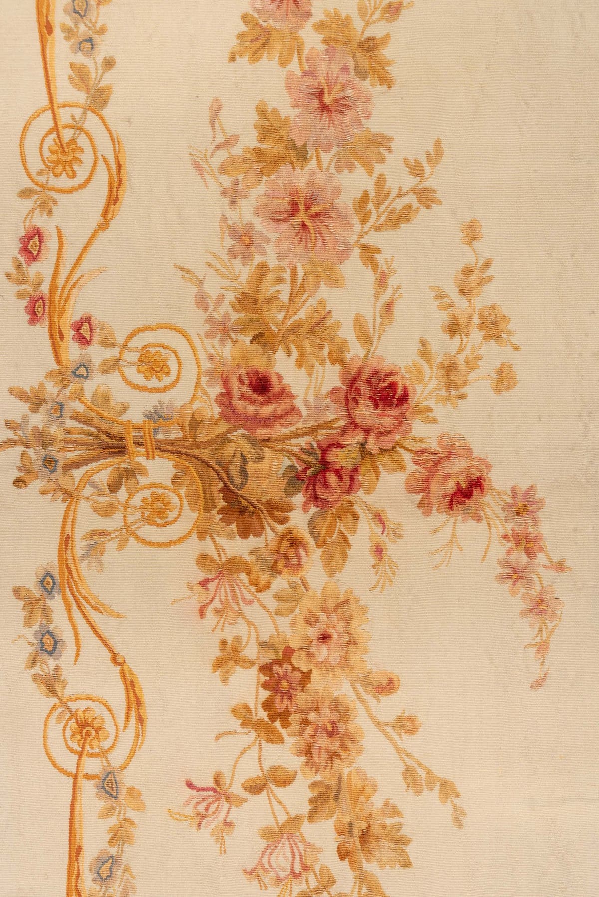 2' x 5' one-of-a-kind handmade vintage Aubusson small size rug. Color palette: ivory, gold, cream, rose, taupe, pale_blue