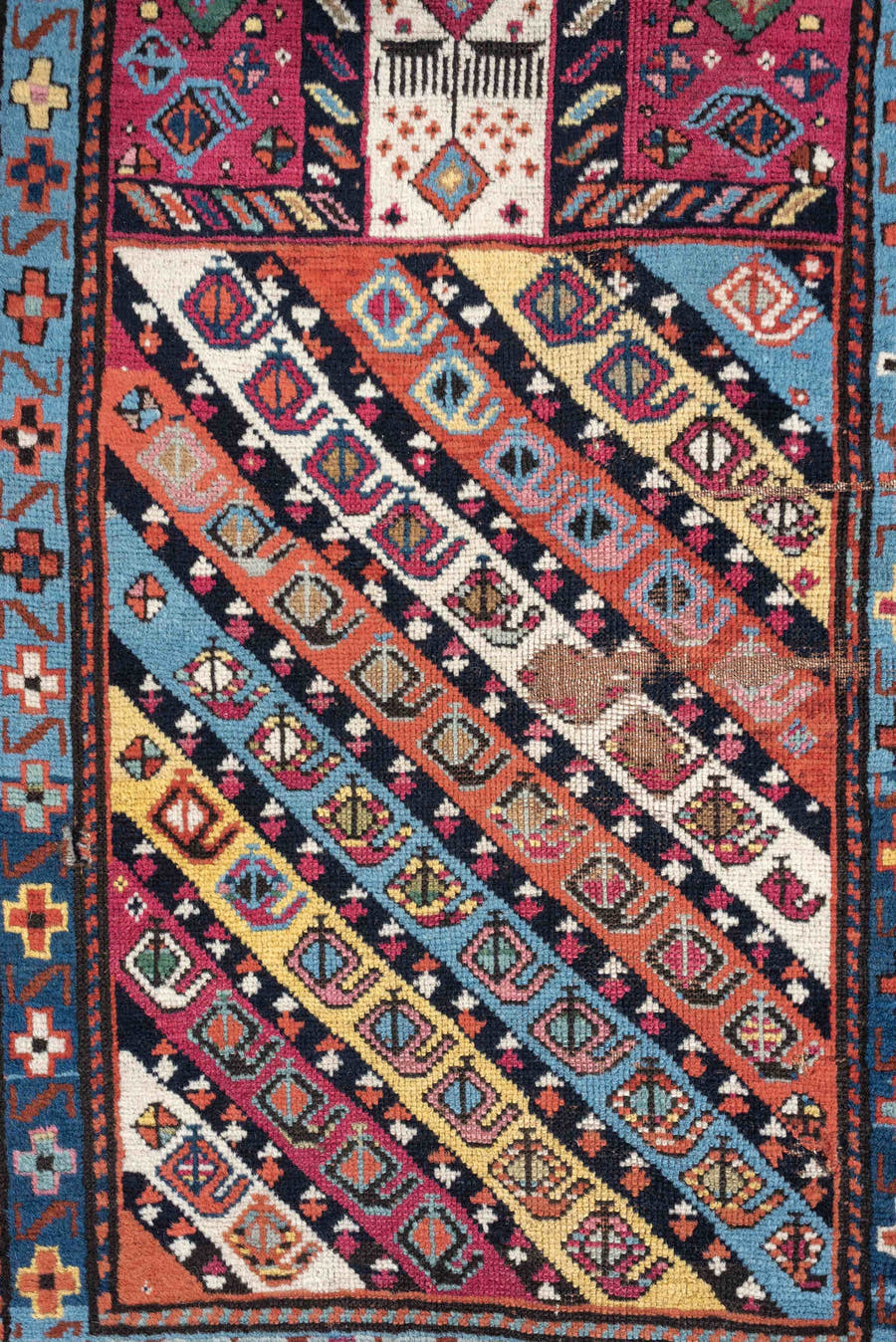 2' x 4' one-of-a-kind handmade vintage Karabagh small size rug. Color palette: terracotta, ivory, sky blue, navy, magenta