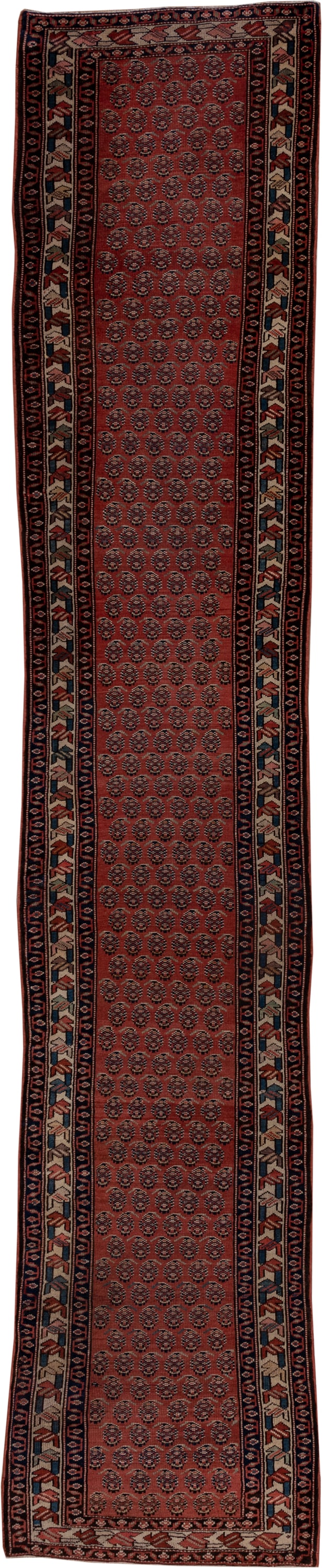 2' x 14' one-of-a-kind handmade antique Saraband runner rug. Color palette: rust, navy, ivory, camel, burgundy, charcoal