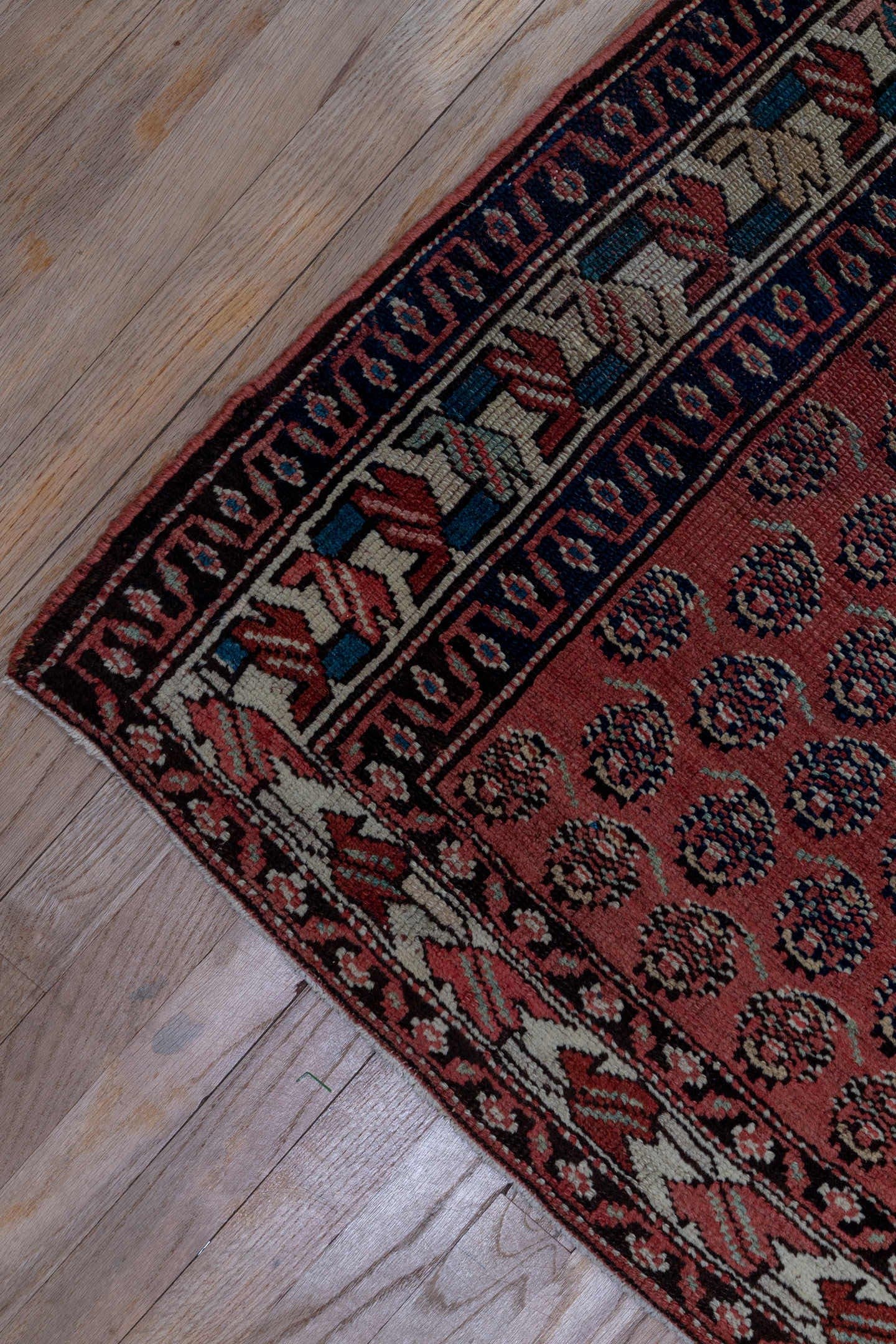 2' x 14' one-of-a-kind handmade antique Saraband runner rug. Color palette: rust, navy, ivory, camel, burgundy, charcoal