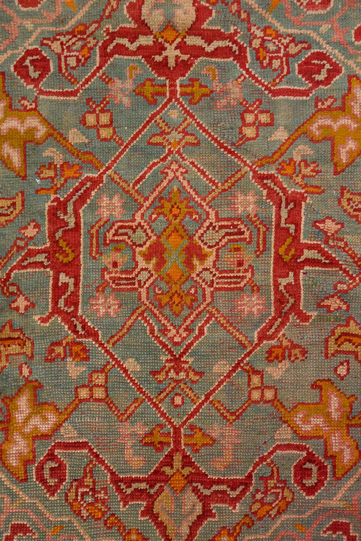 18' x 26' one-of-a-kind handmade antique Oushak oversize rug. Color palette: red, ivory, pale blue, gold, rust, coral, sage