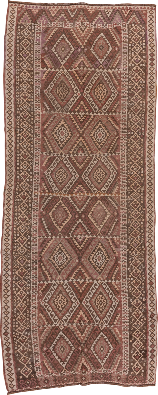 4' x 11' one-of-a-kind handmade vintage Kilim runner rug. Color palette: rose, rust, brown, ivory, taupe, mauve, pink, red